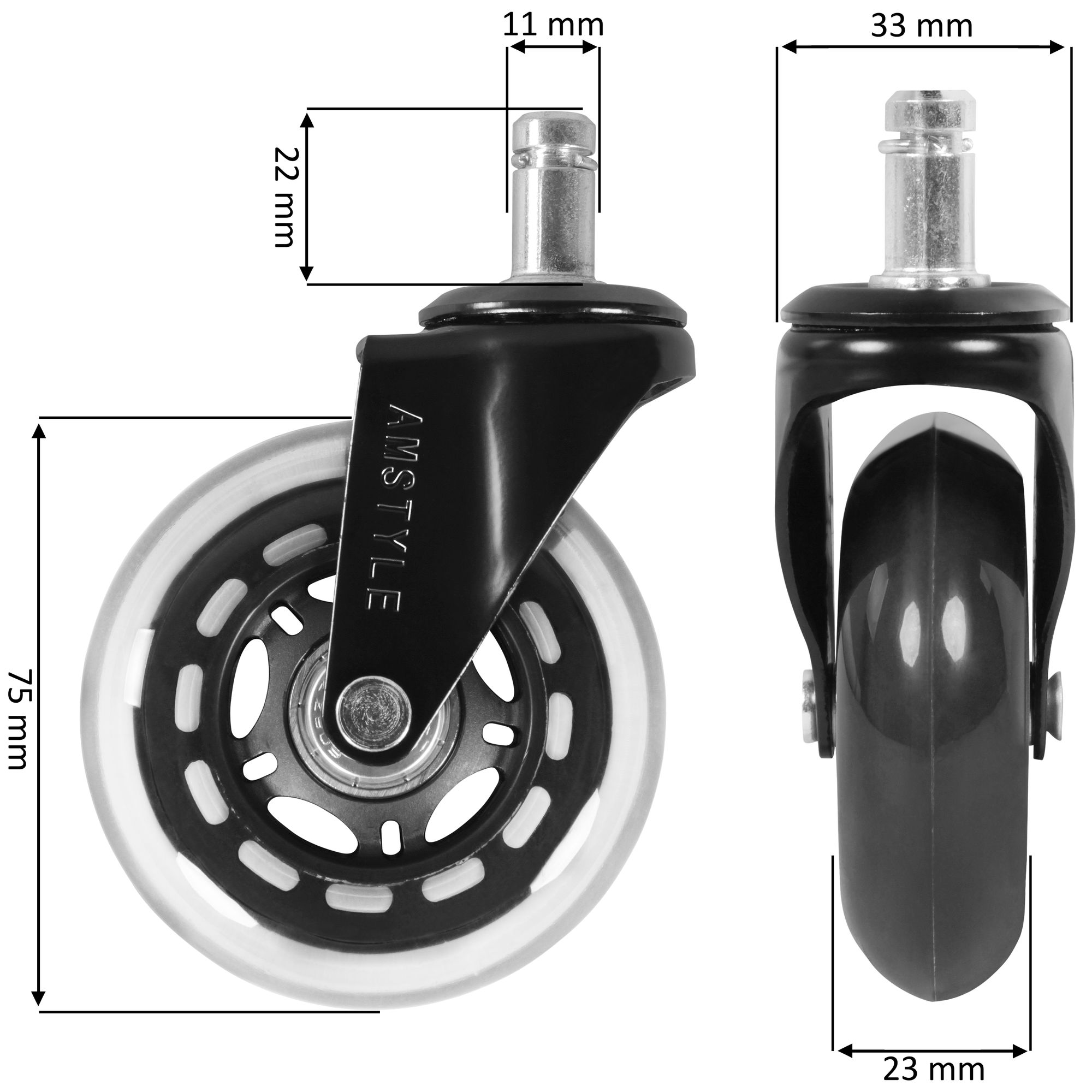 5er-Set B&uuml;rostuhlrollen &Oslash; 75mm Drehstuhlrollen Hartboden Gummi Hartbodenrollen 