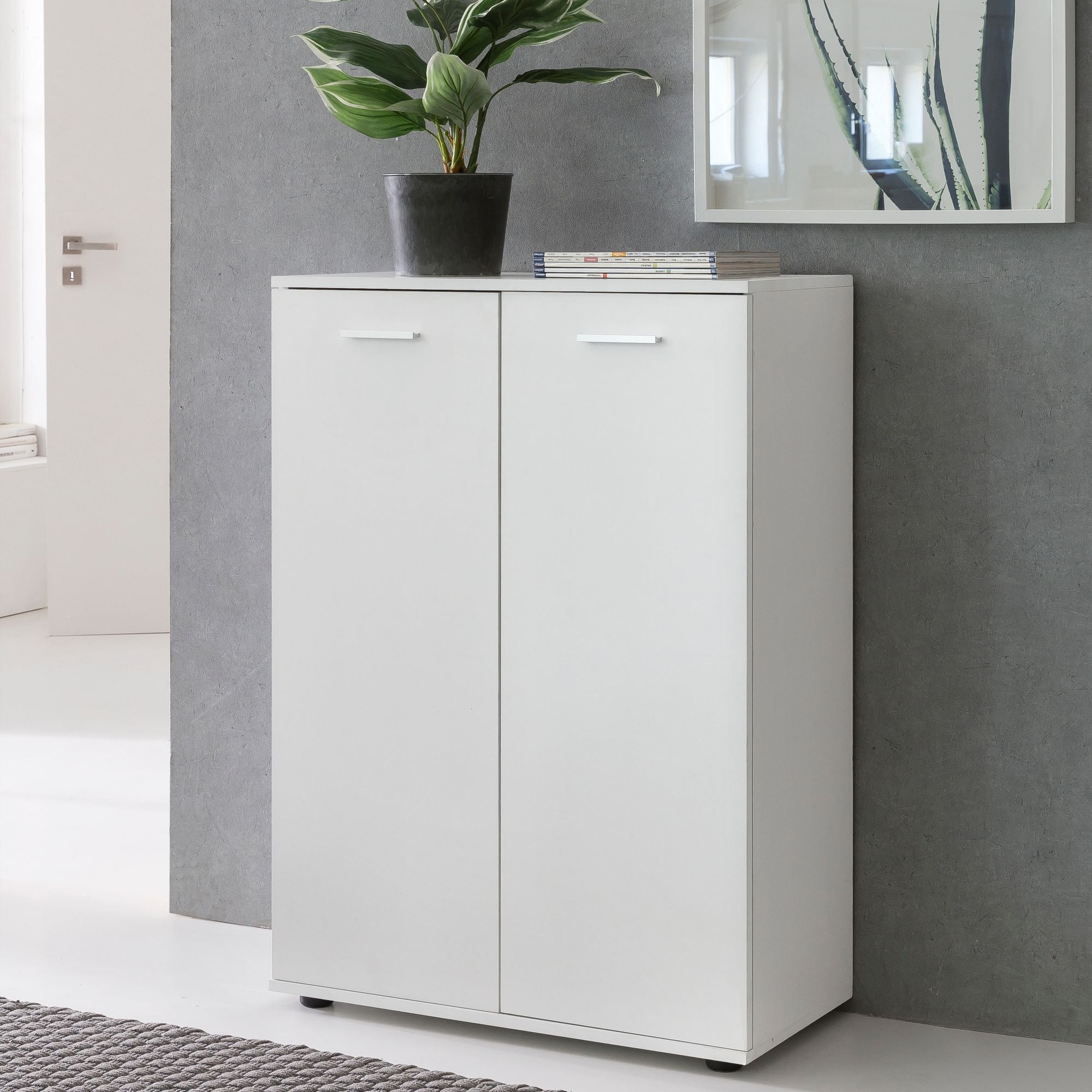 Sideboard 70cm wei&szlig; mit 2 T&uuml;ren und Einlegeb&ouml;den Kommode f&uuml;r Ordner Aktenschrank modern 