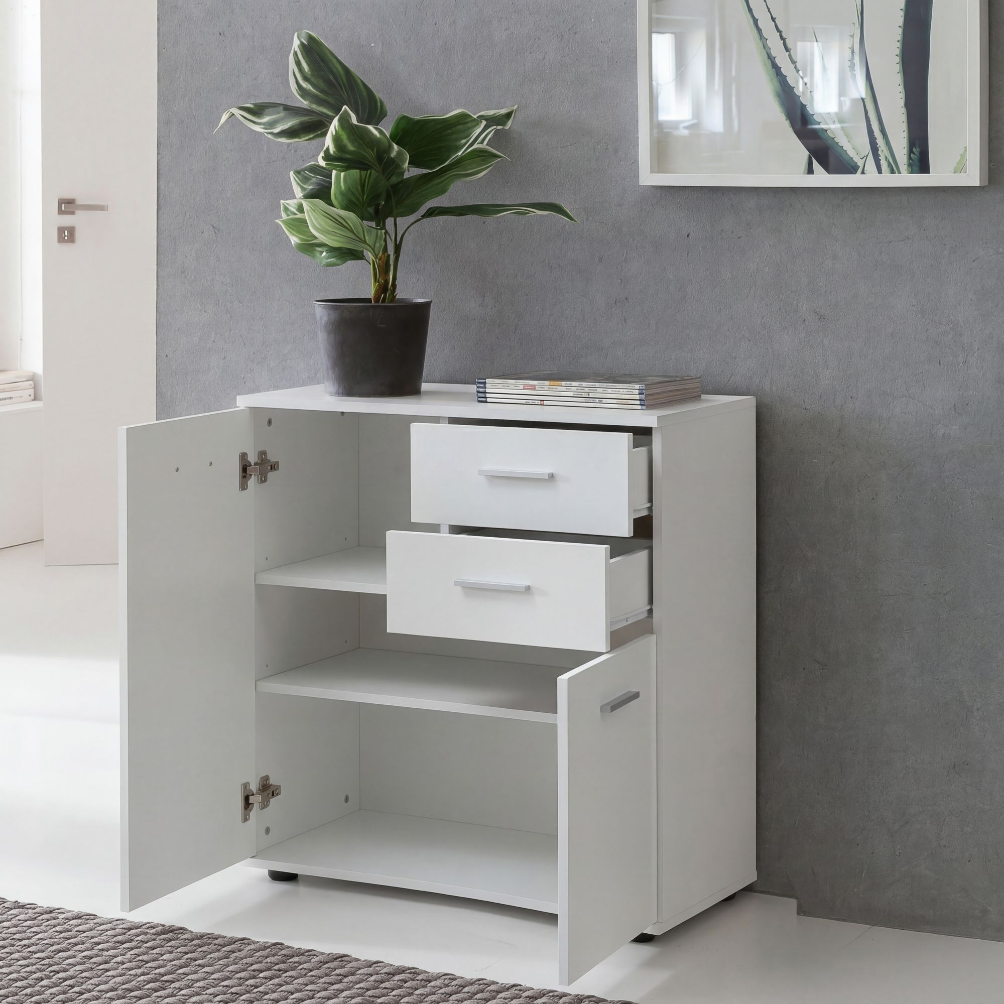 Sideboard 70 cm Wei&szlig; mit 2 T&uuml;ren & 2 Schubladen Kommode Aktenschrank Tiefe 35 cm 