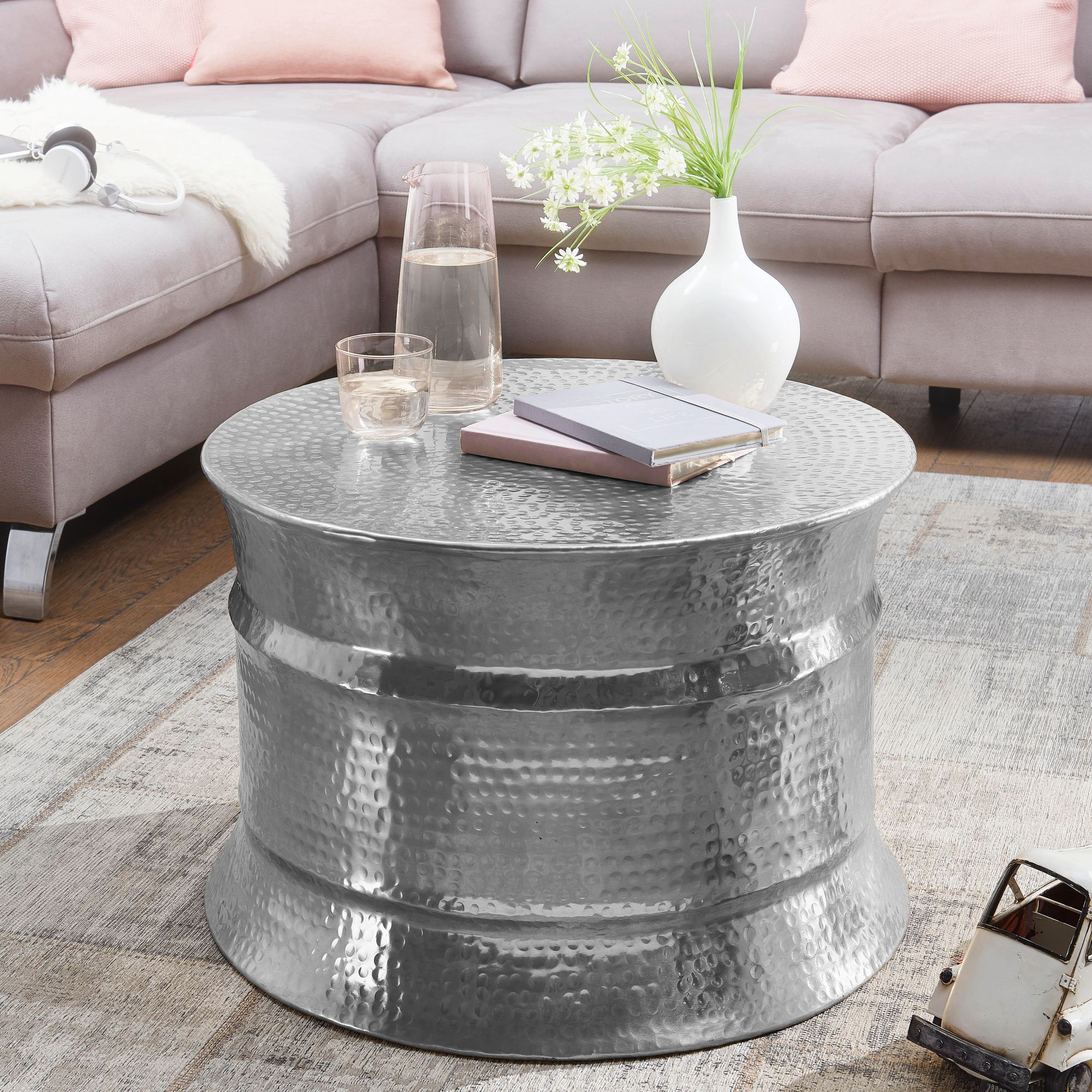 FineBuy Couchtisch Wohnzimmertisch Sofatisch rund Hammerschlag Metall Alu Modern 