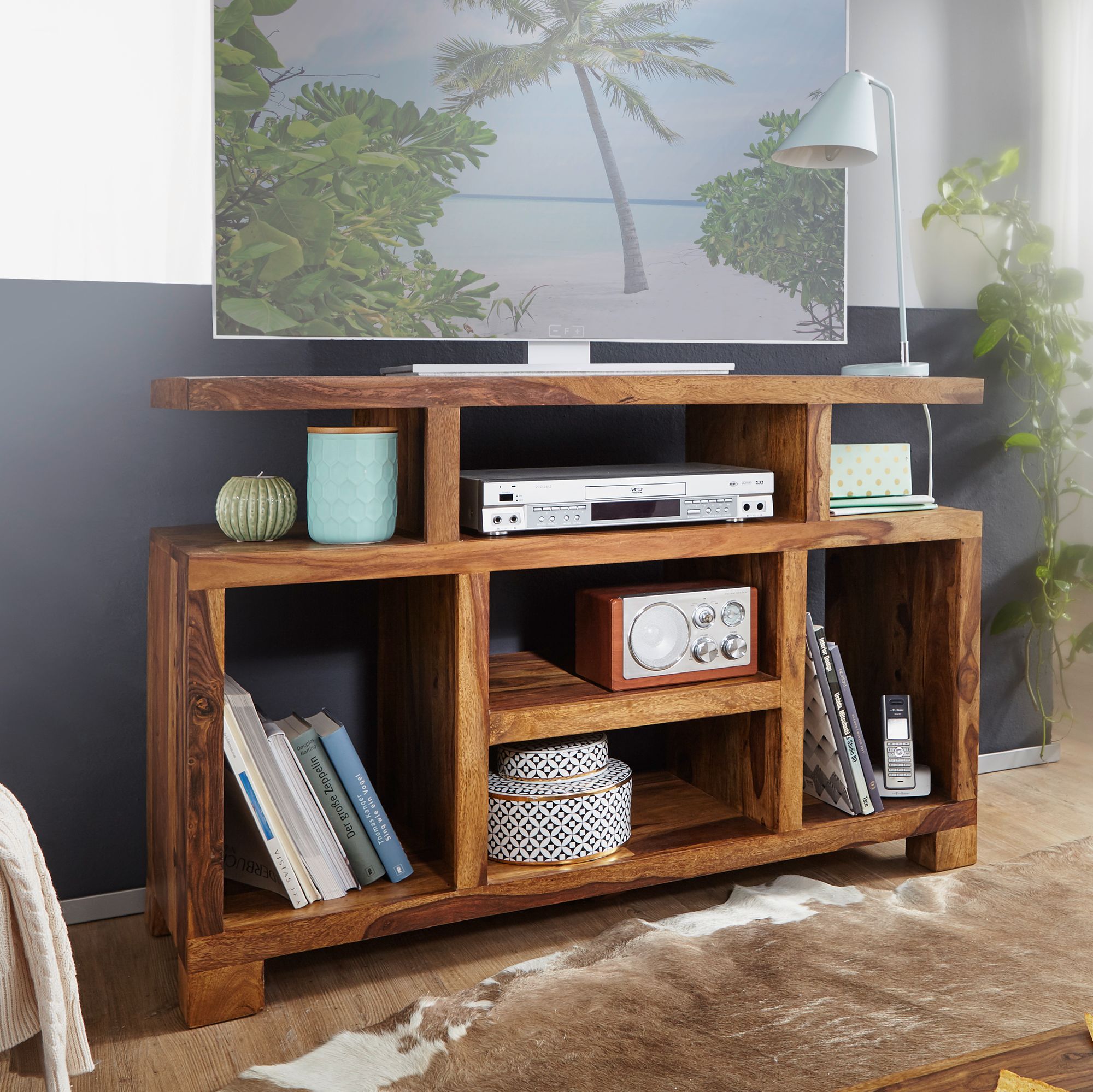 Massivholz Sideboard 115cm Sheesham Natur Kommode mit viel Ablage Fernsehkommode TV Schrank f&uuml;r Fernseher 