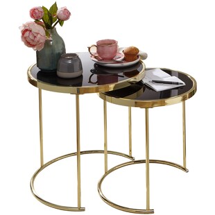 FineBuy Satztisch COMO schwarz/Gold Beistelltisch Metall/Glas Couchtisch 2er Set 