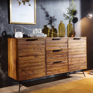 Massivholz Sideboard 160cm Sheesham Kommode mit 2 Türen & 3 Schubladen Industrial Design Metall schwarz 