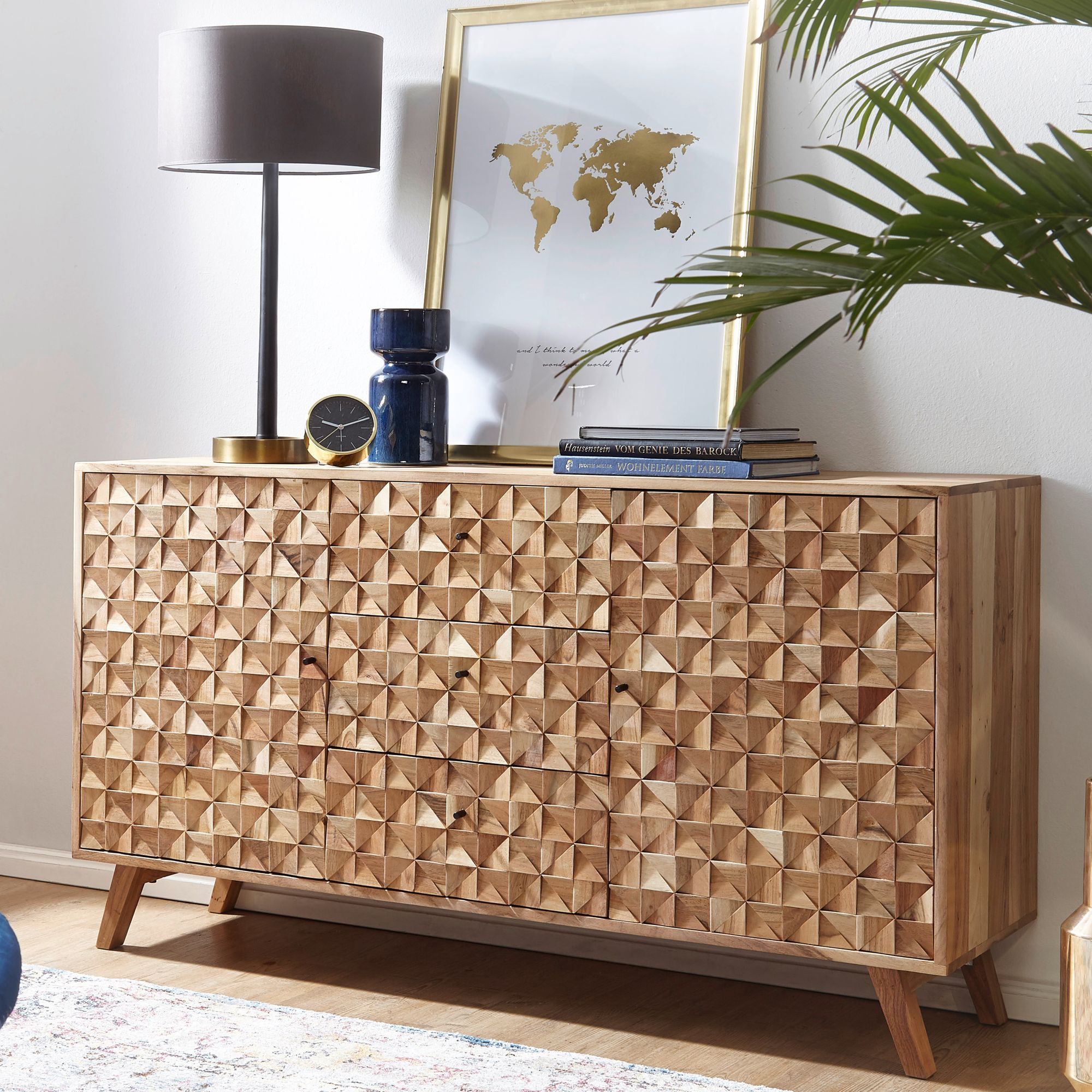 Massivholz Sideboard 140cm Akazie Natur Kommode mit 2 T&uuml;ren & 3 Schubladen aufwendige Retro 3D Design Optik 