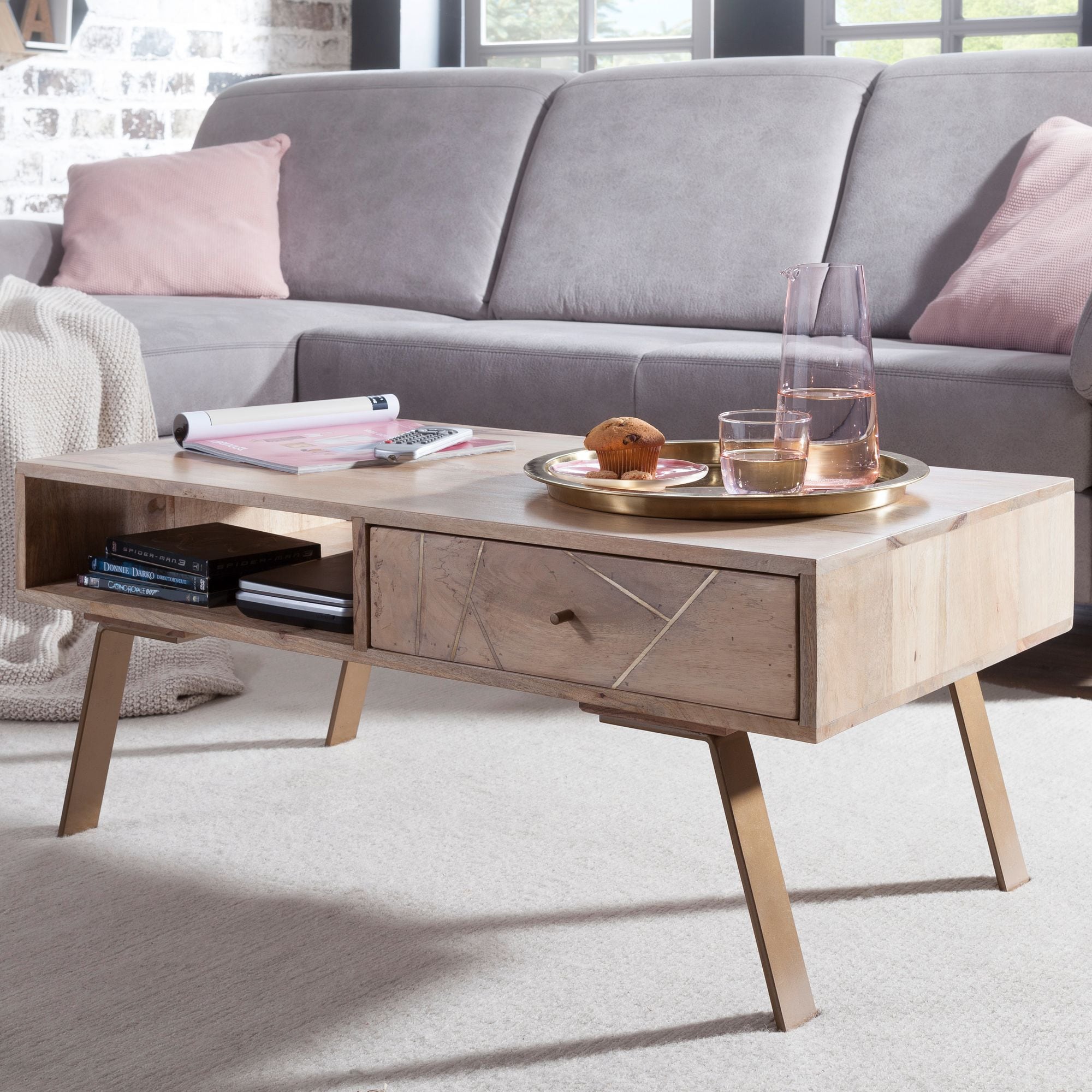 Couchtisch Massivholz rechteckig 95cm Wohnzimmertisch Schublade & Ablagefach 
