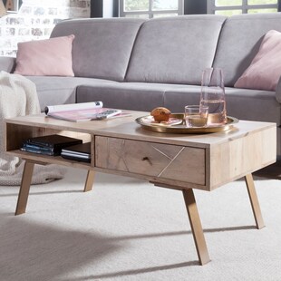 Couchtisch Massivholz rechteckig 95cm Wohnzimmertisch Schublade & Ablagefach 