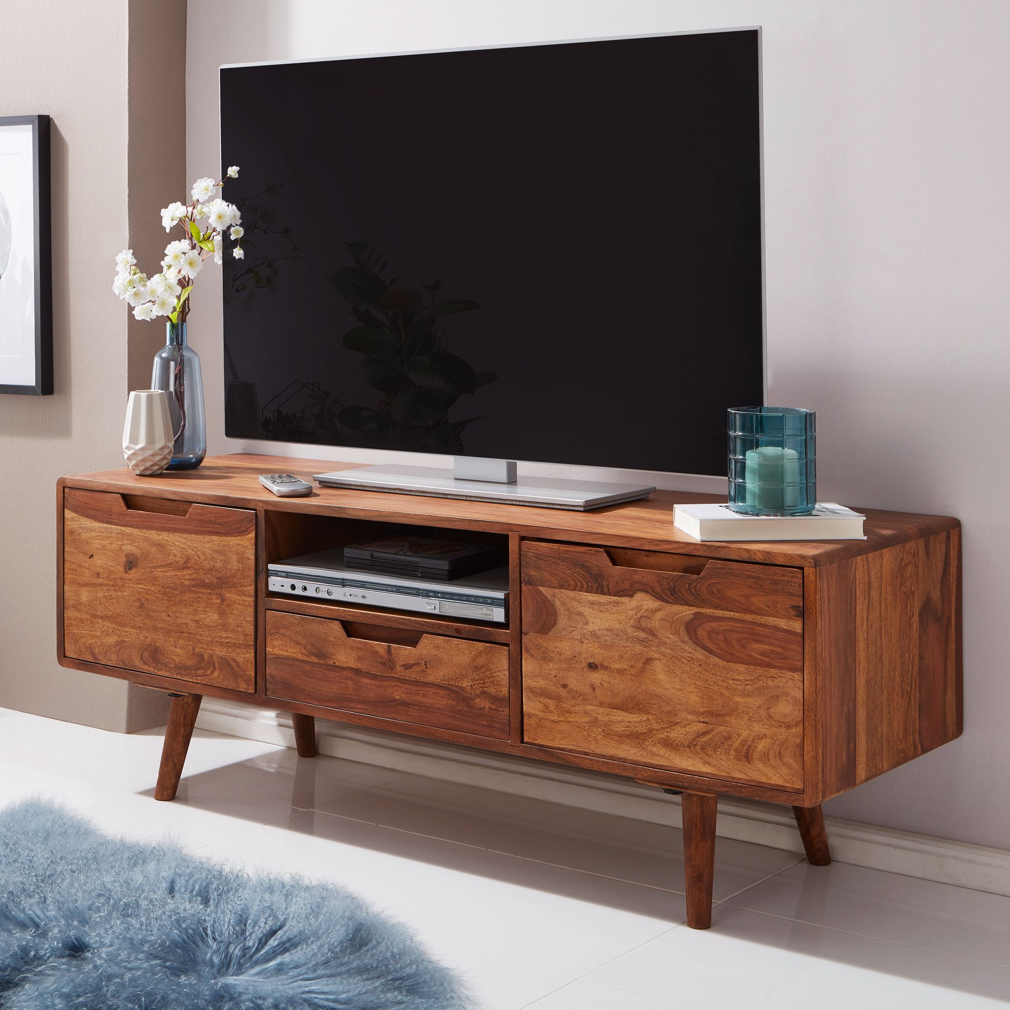 FineBuy TV Lowboard Holz Fernsehkommode Massiv Landhaus Fernsehschrank TV Bank 