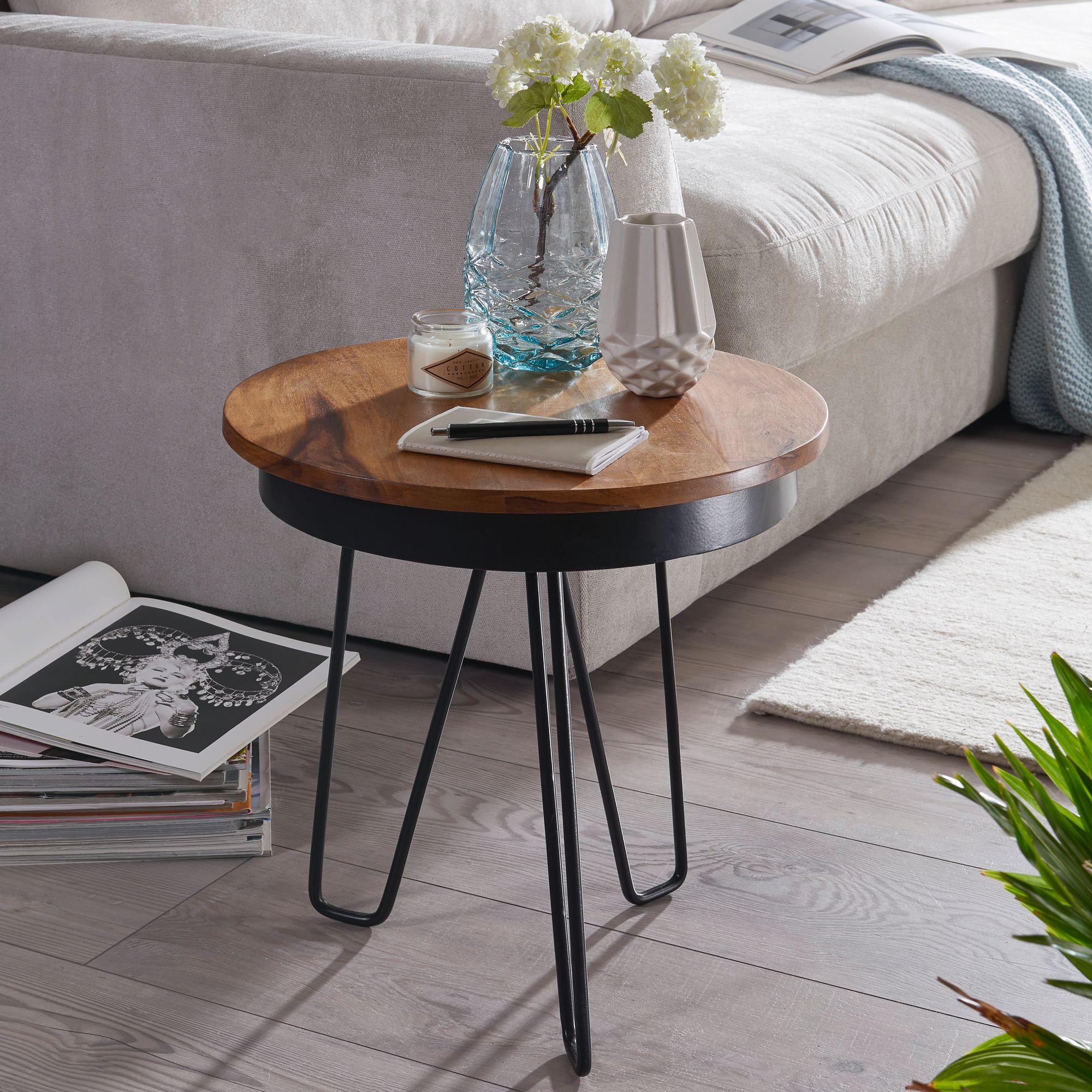 FineBuy Beistelltisch &Oslash;43 Sheesham Massivholz Couchtisch Metall Wohnzimmertisch 