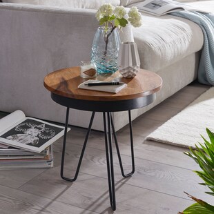 FineBuy Beistelltisch Ø43 Sheesham Massivholz Couchtisch Metall Wohnzimmertisch 