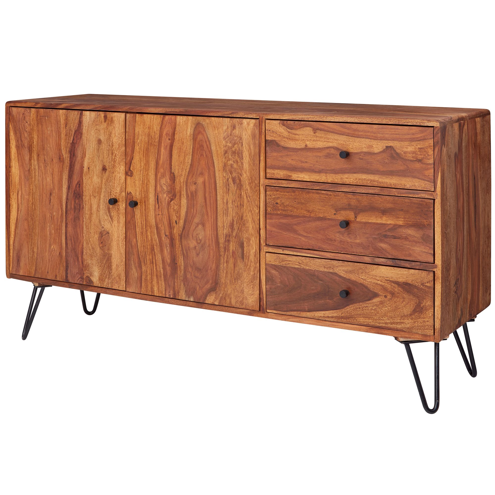 Massivholz Sideboard 145cm Sheesham Natur Kommode mit 2 T&uuml;ren & 3 Schubladen modernes Design 