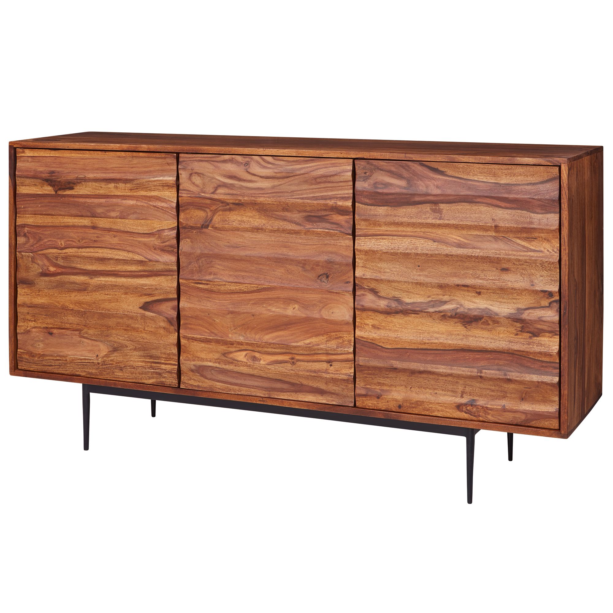 Massivholz Sideboard 150cm Sheesham Kommode mit 3 T&uuml;ren 3D Design Metall schwarz 