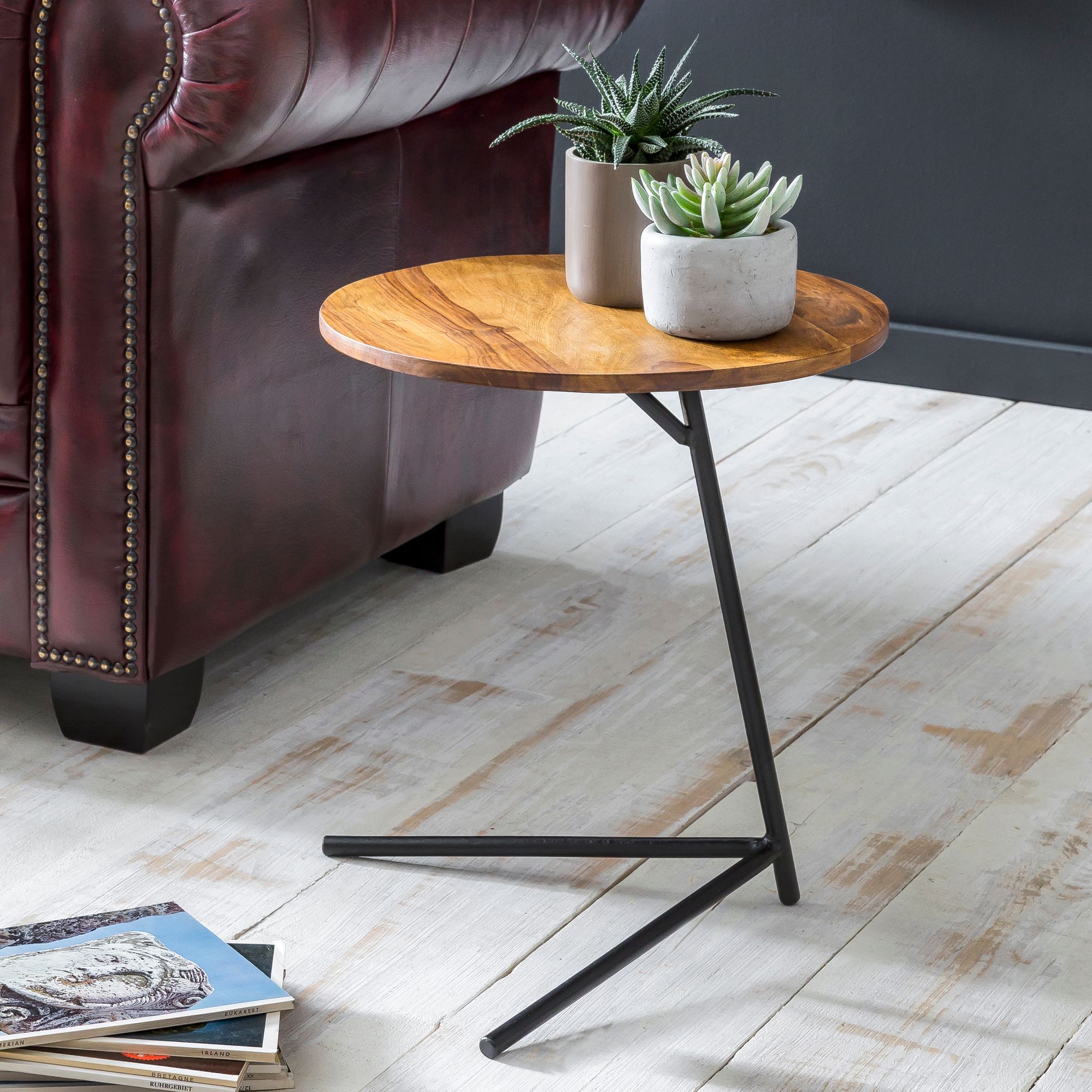 FineBuy Design Beistelltisch &Oslash; 40 cm Couchtisch Sheesham Massivholz Metall 