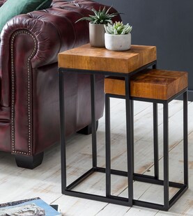 FineBuy 2er Set Beistelltisch FB51457 Sheesham Holz Metall Tisch Couchtisch 