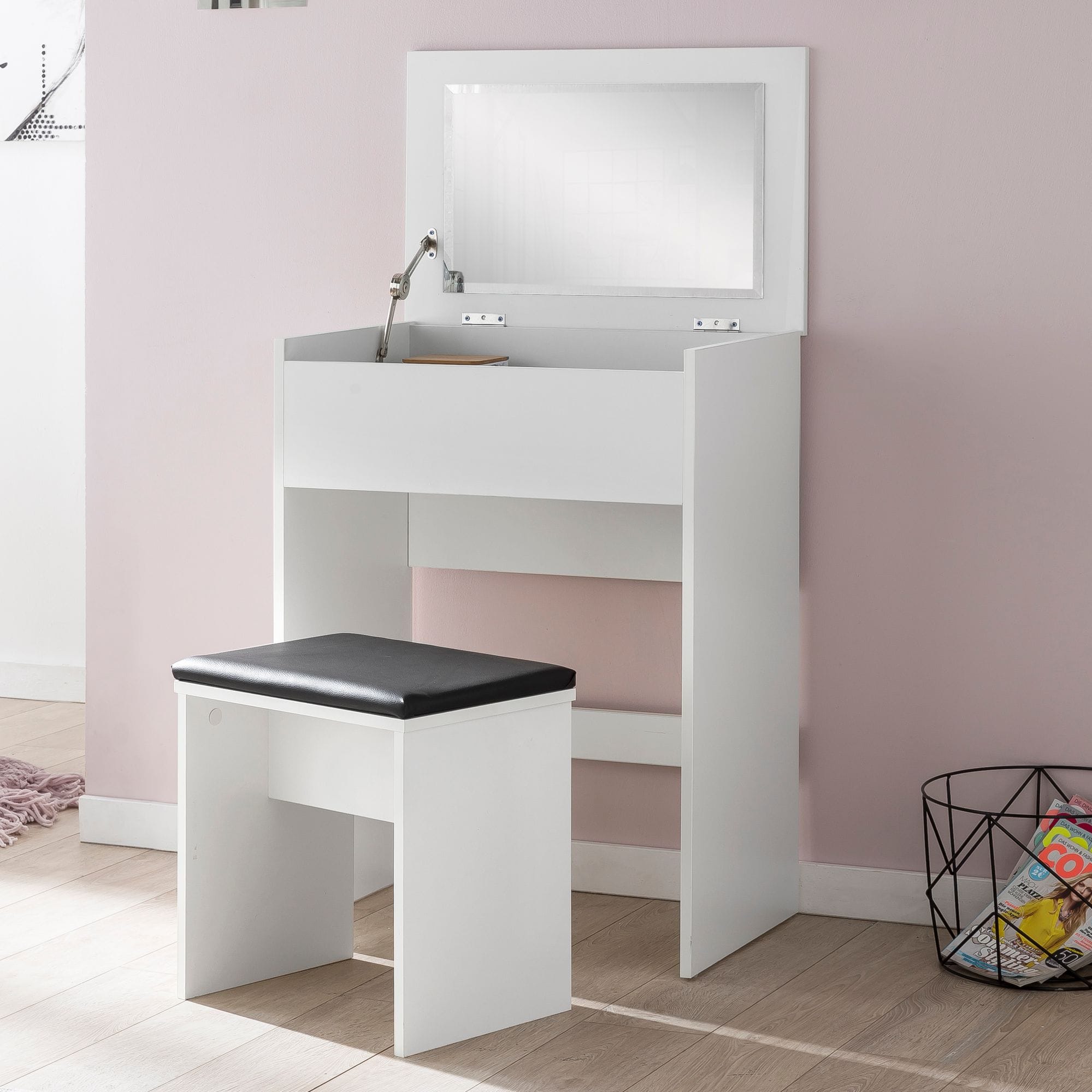 FineBuy Schminktisch FB51641 Kosmetiktisch Frisiertisch Wei&szlig; Spiegel & Hocker 