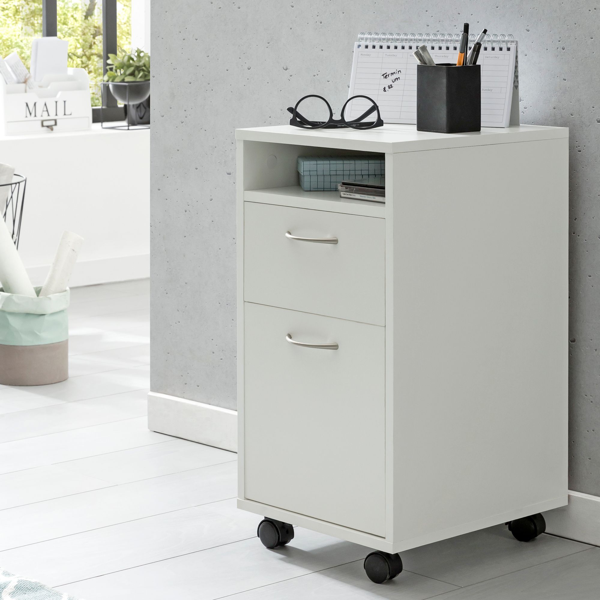 FineBuy Rollcontainer 33x63x38cm Schreibtischcontainer Rollen B&uuml;rocontainer Holz 