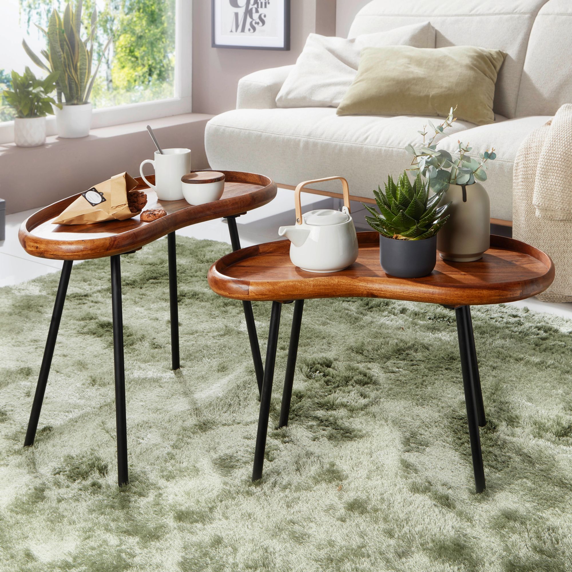 Couchtisch 2-teilig Massivholz Satztische Wohnzimmertisch Nierentisch Holz-Tisch 