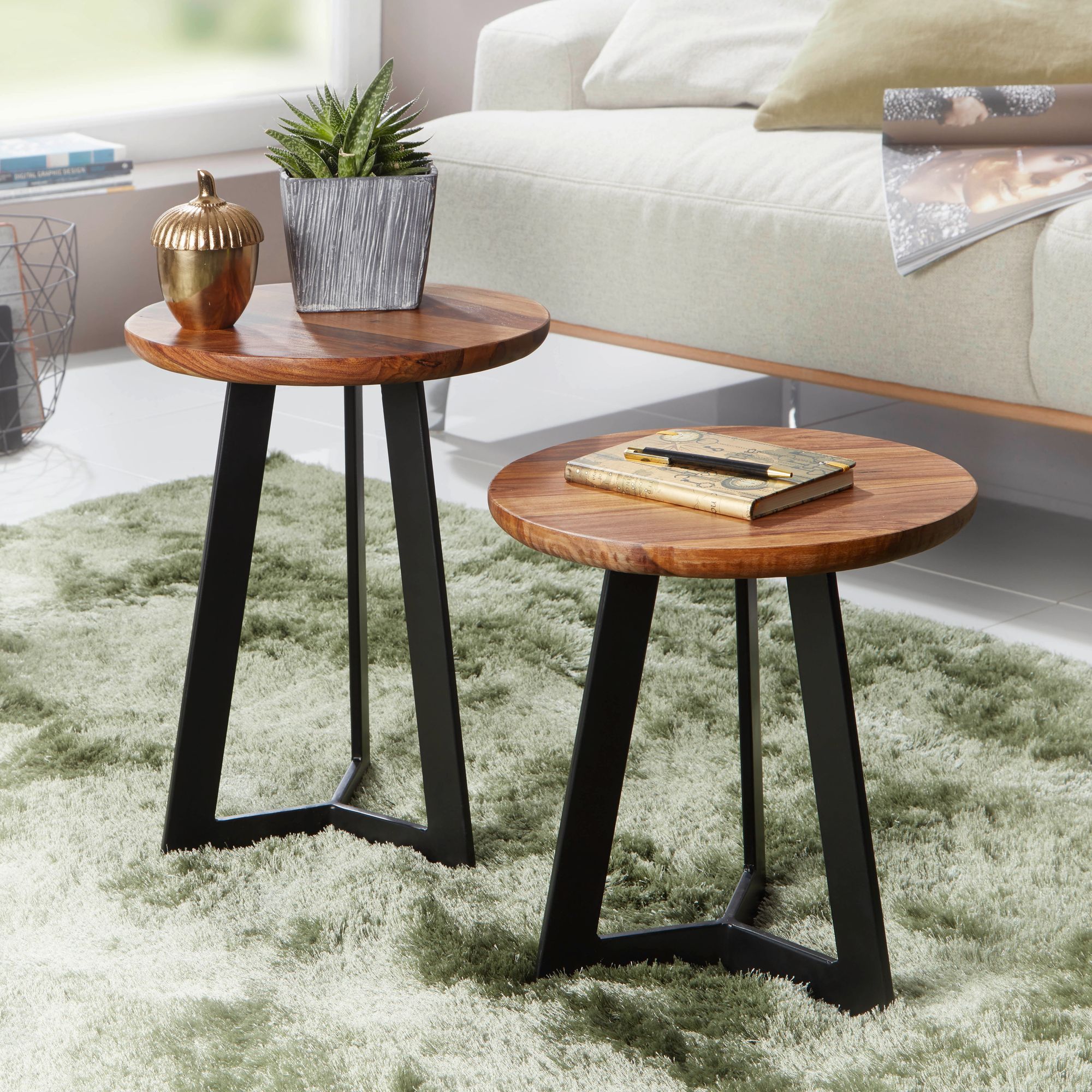 FineBuy Beistelltische 2-teilig Sheesham Metall Holz-Satztisch Industrial Hocker 