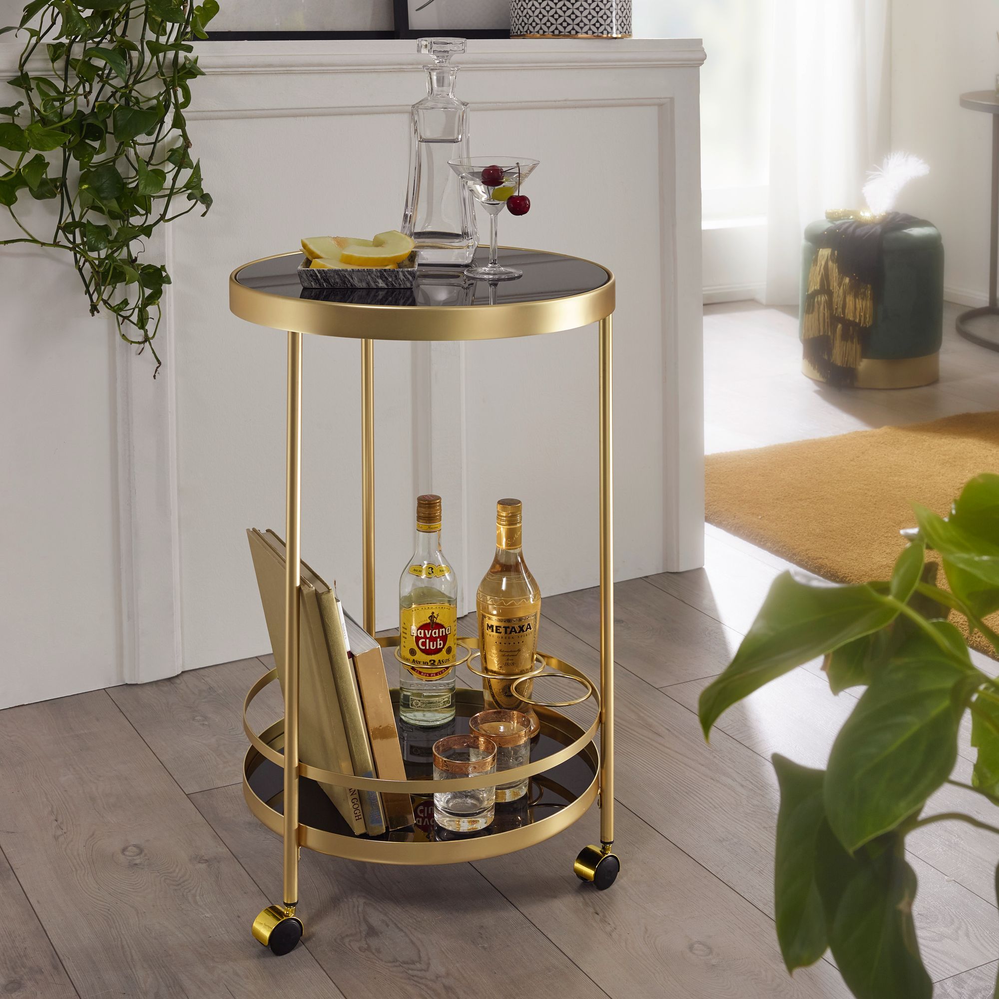 FineBuy Servierwagen Gold Beistelltisch auf Rollen Glas Speisewagen Rund &Oslash; 45 cm 