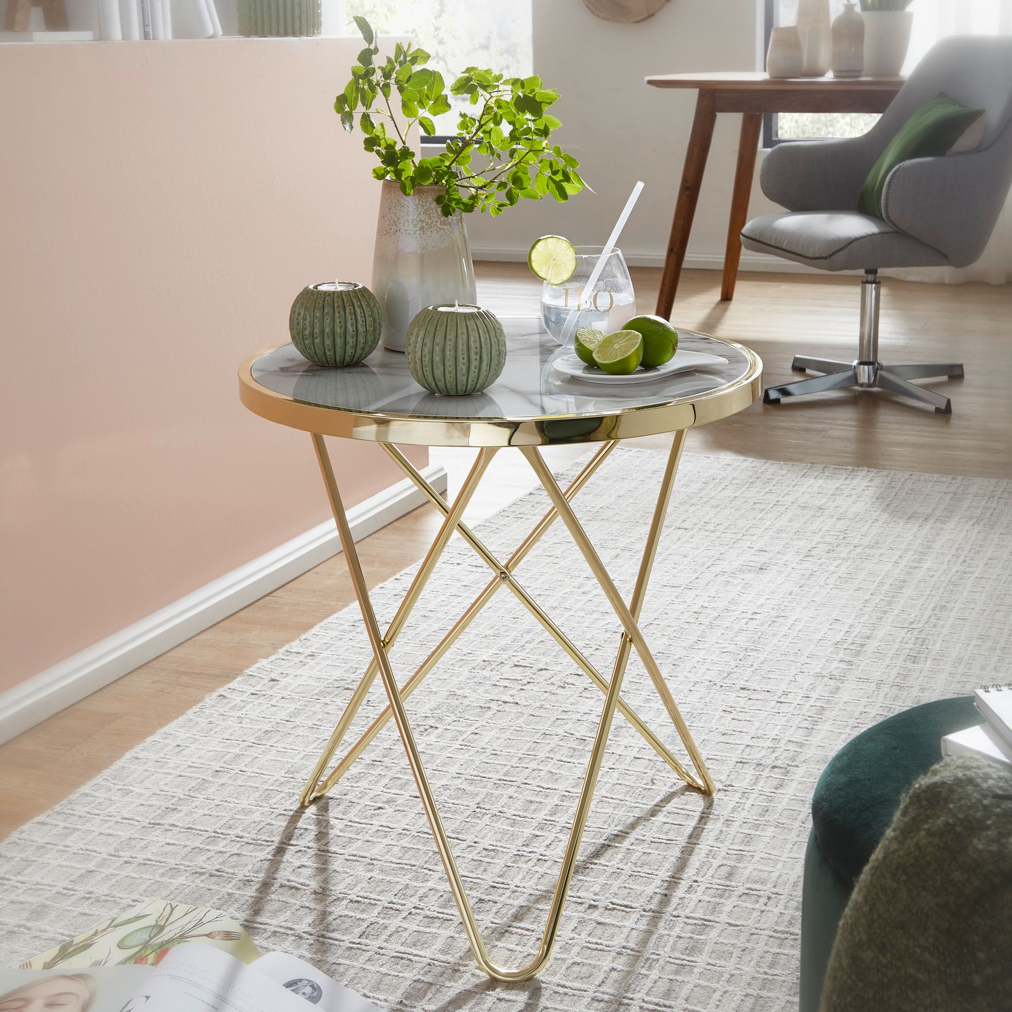 FineBuy Design Couchtisch Mamor Optik Wei&szlig; &Oslash;55cm Gold Wohnzimmertisch Rund 