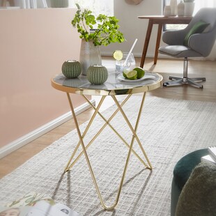 FineBuy Design Couchtisch Mamor Optik Weiß Ø55cm Gold Wohnzimmertisch Rund 