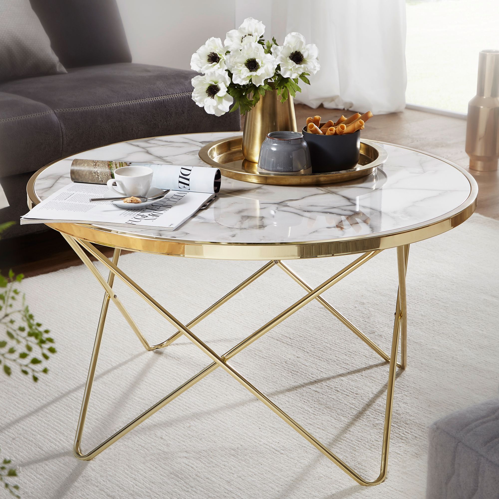FineBuy Design Couchtisch Marmor Optik Wei&szlig; &Oslash; 85 cm Gold Wohnzimmertisch Rund 