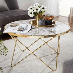 FineBuy Design Couchtisch Marmor Optik Weiß Ø 85 cm Gold Wohnzimmertisch Rund 