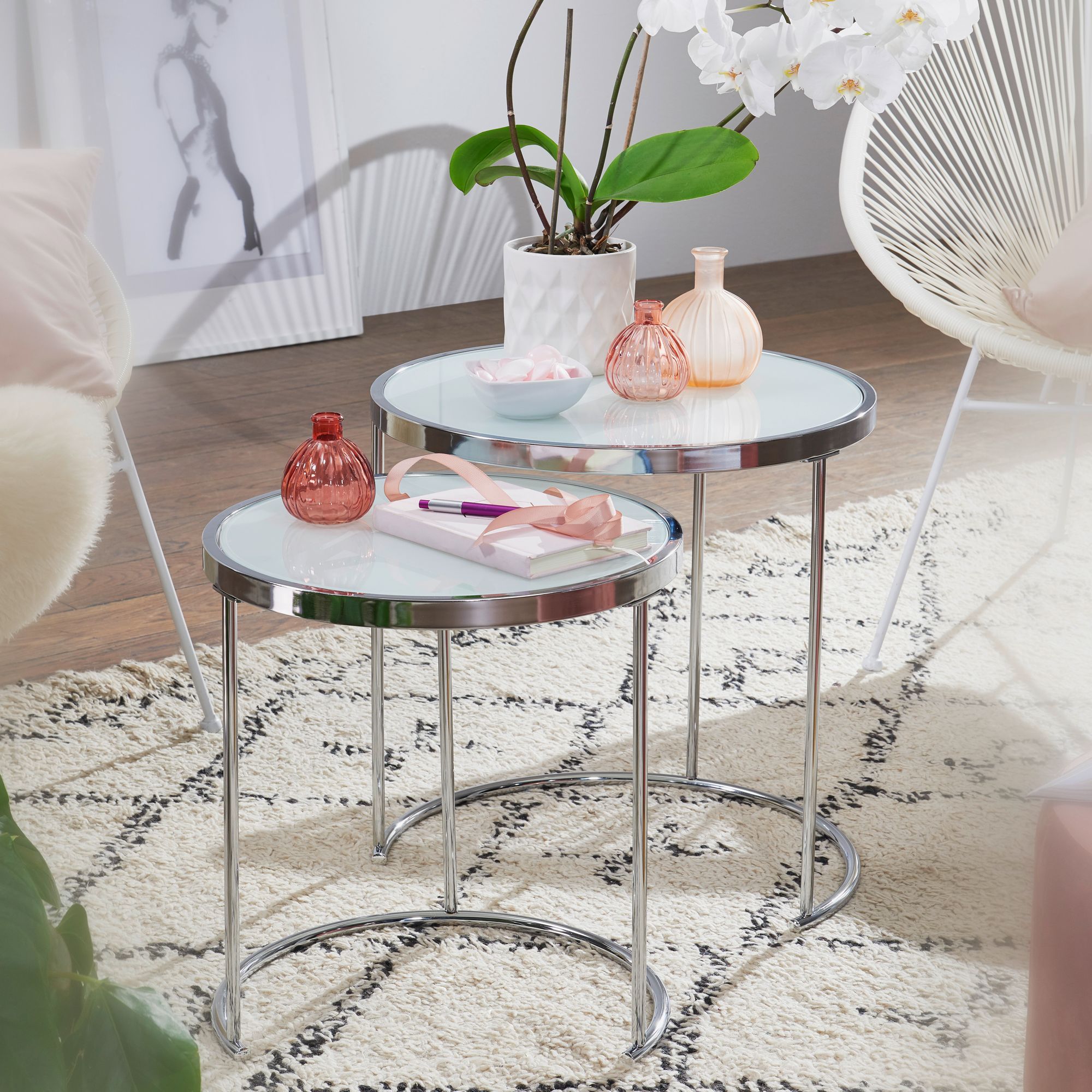 FineBuy Beistelltisch 2tlg Rund Wohnzimmertisch Wei&szlig; Glas Couchtisch Silber 