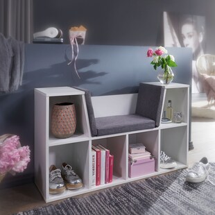 Sitzbank mit Stauraum Regal Weiß mit Sitzauflage in Grau Garderobe Standregal Garderobenbank 