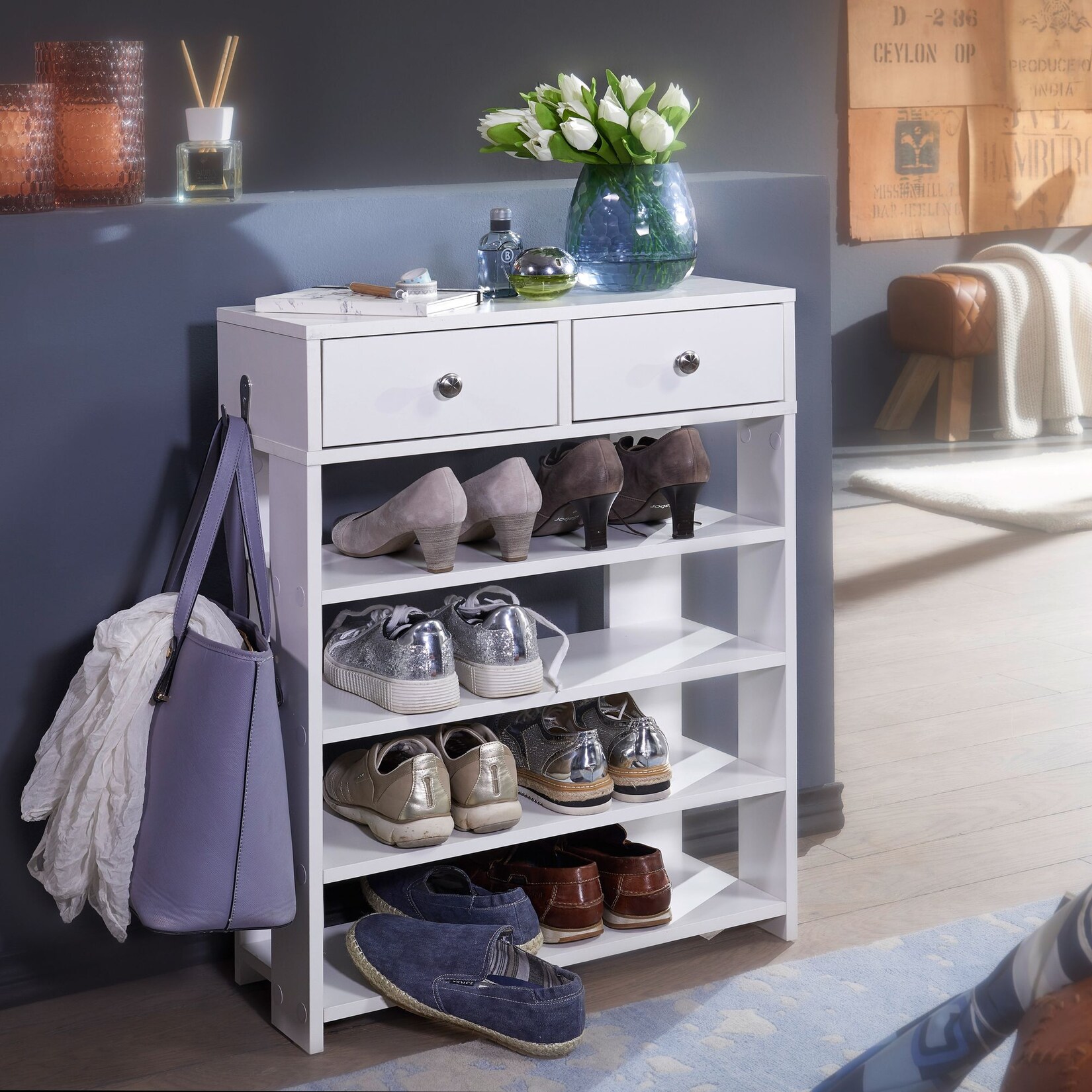 Schuhregal 60cm mit 2 Schubladen und 4 Fächer Standregal Weiß Regal Garderobe Flur