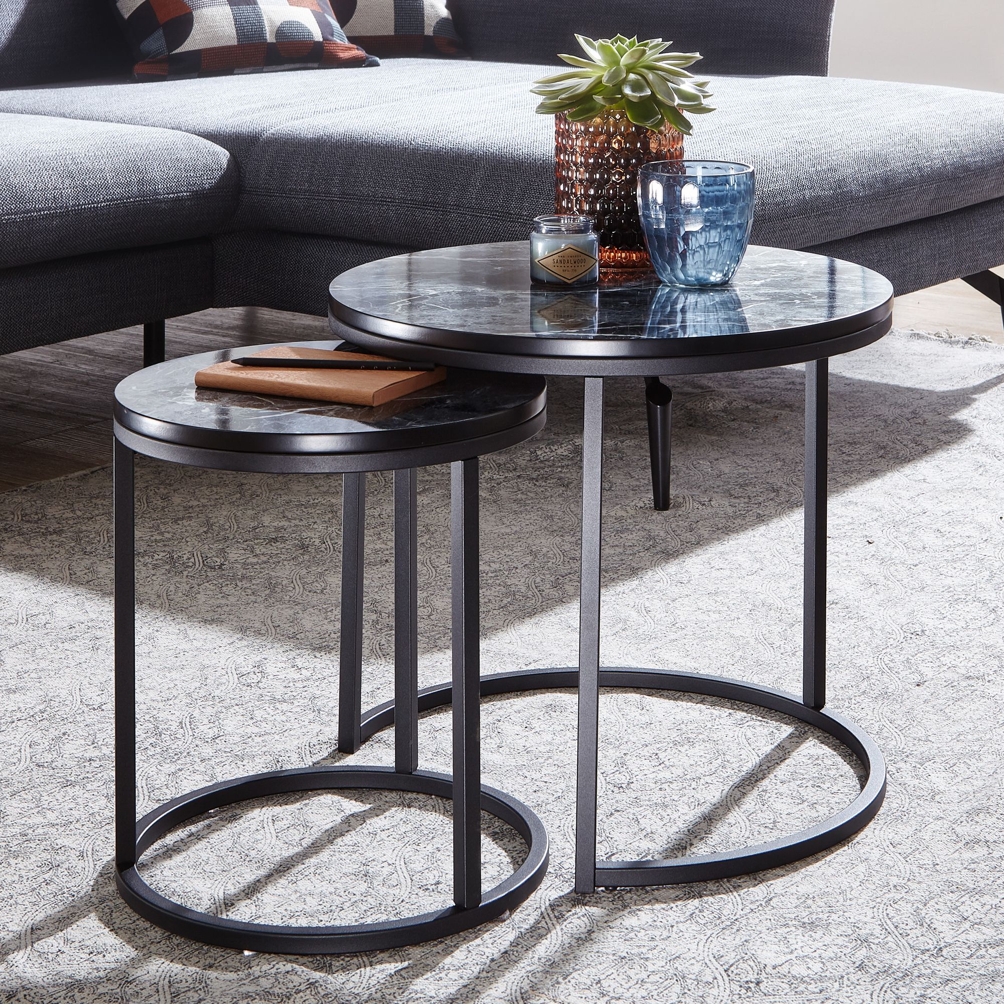 FineBuy Beistelltisch 2er Set Couchtisch Marmor Optik Wohnzimmertisch Rund Tisch 
