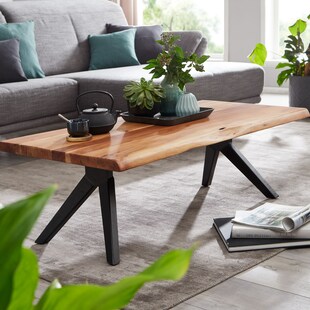 Couchtisch Akazie Massivholz 115cm Wohnzimmertisch Baumkante V-Gestell Schwarz 