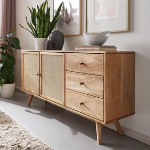 Massivholz Sideboard 140cm Mango Design Kommode mit 3 Rattan Schubladen Wiener Geflecht & 2 Türen 