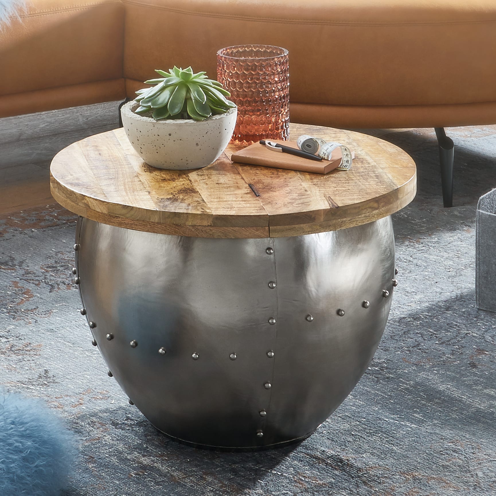 FineBuy Couchtisch Rund Holz Metall Sofatisch &Oslash; 60 cm Tisch Industrial Stauraum 