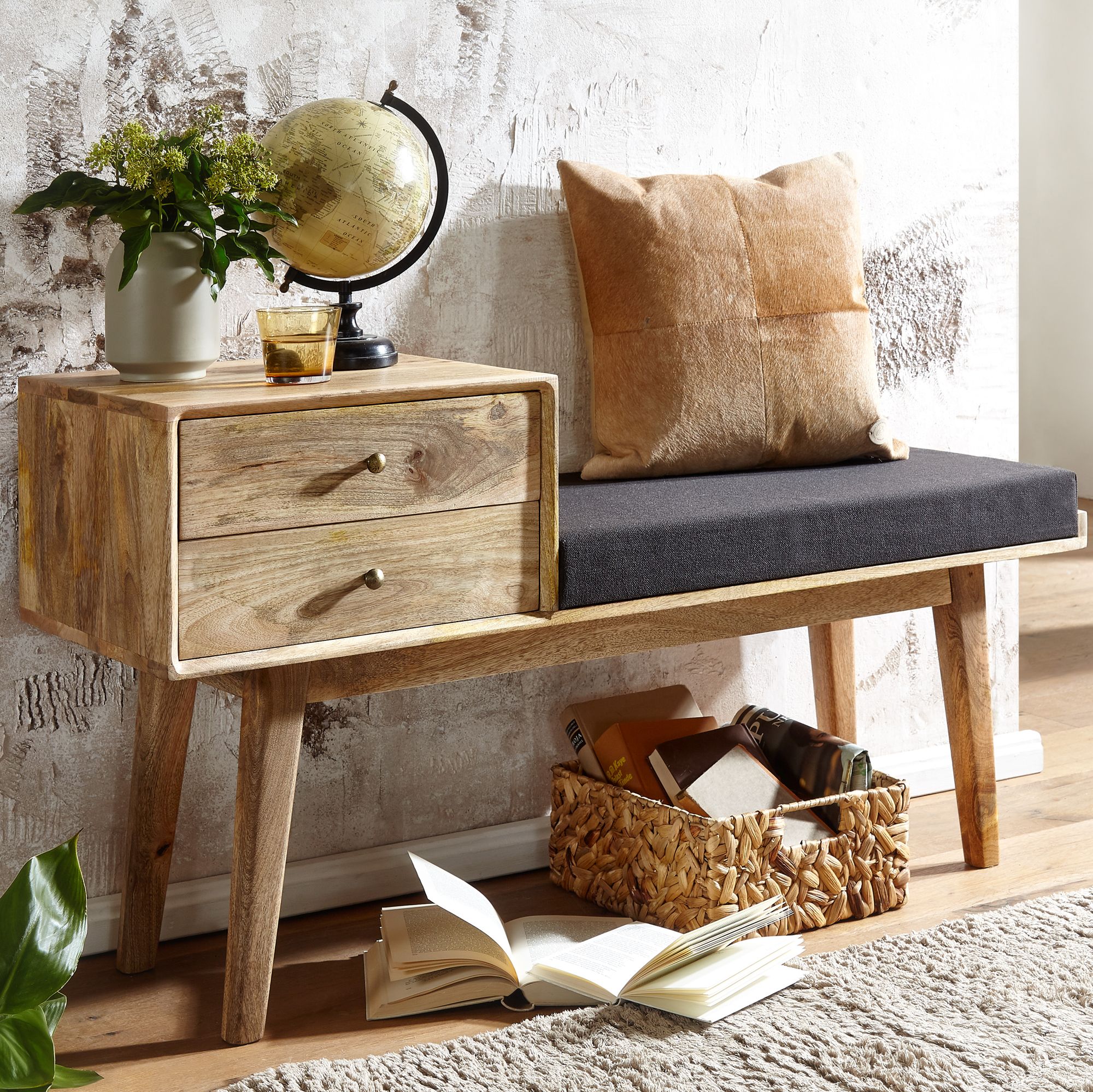 Sitzbank gepolstert 120cm Massivholz Stoff Schublade Garderobenbank Flurbank 