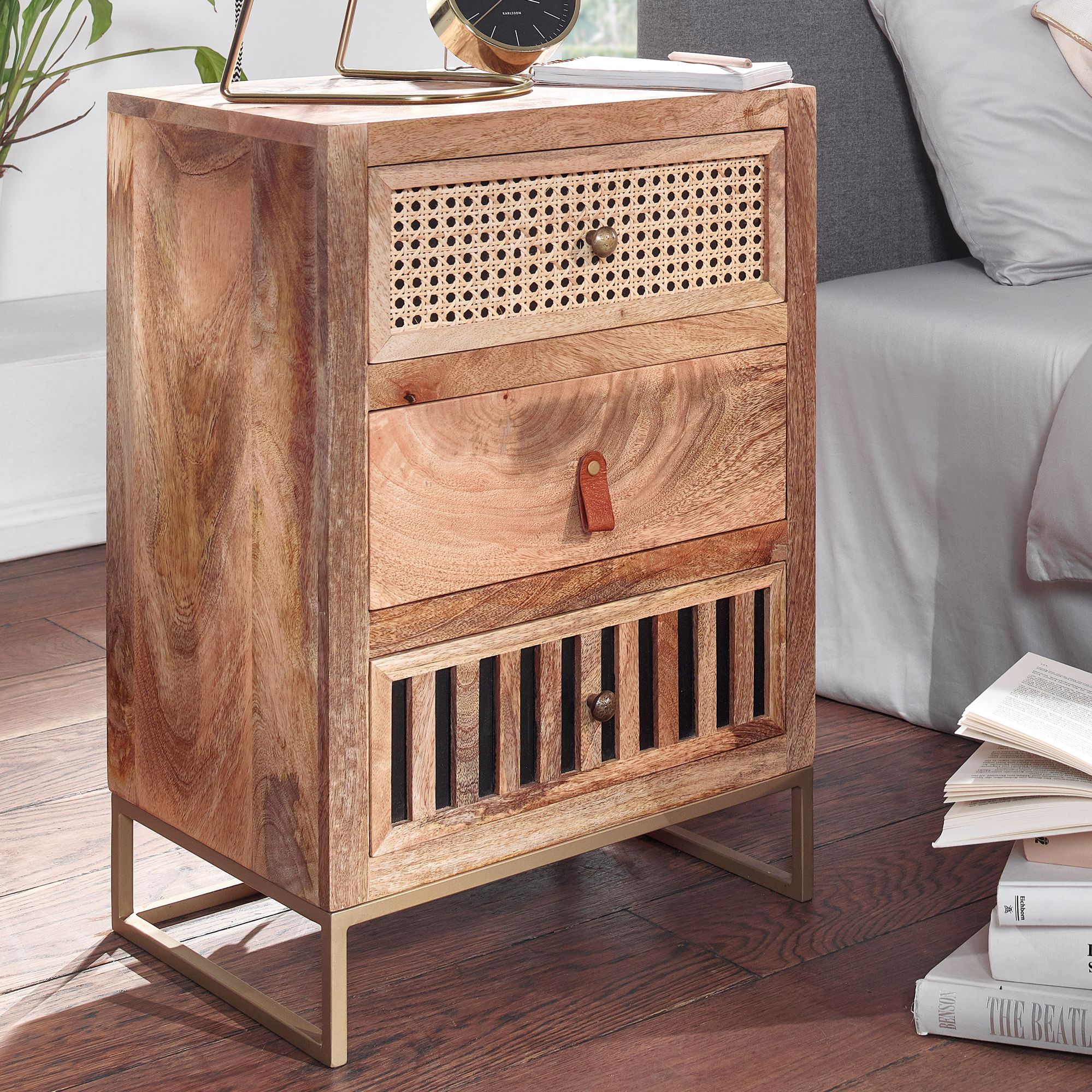 Nachttisch FineBuy Nachtkommode Boxspringbett Massivholz 60 cm Wiener Geflecht 