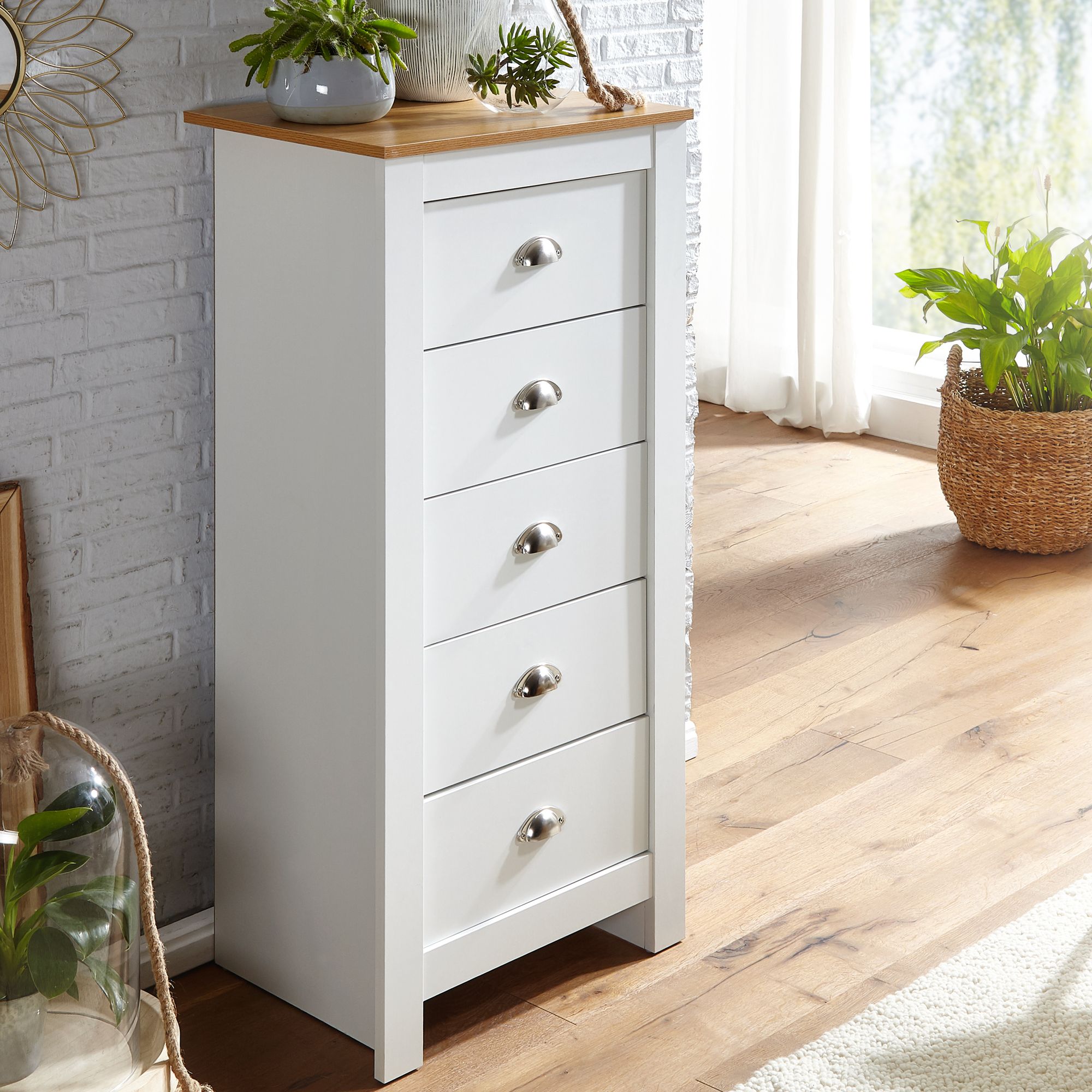 Schubladenkommode 53cm mit 5 Schubladen in MDF Wei&szlig; mit Eiche Kommode Sideboard 