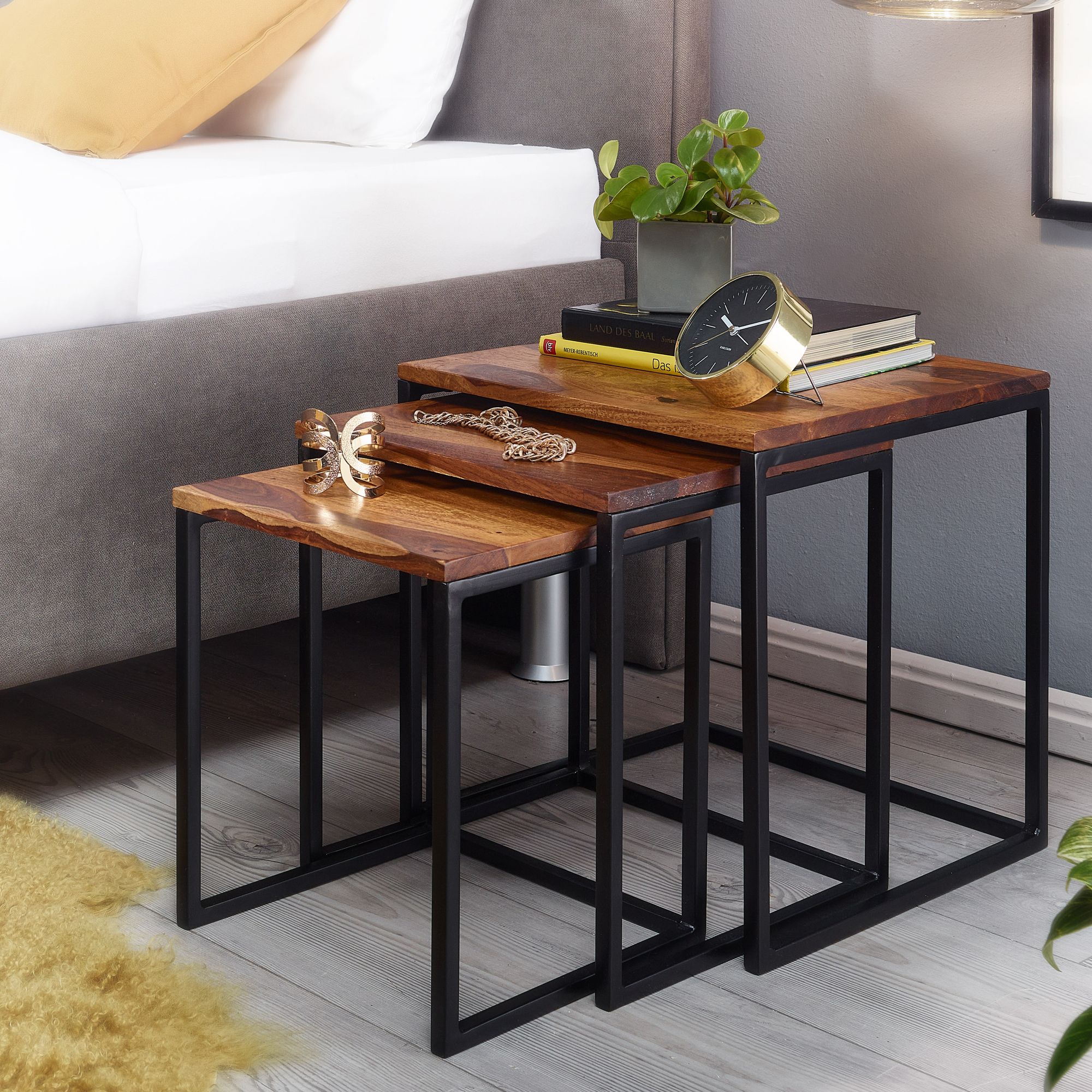 Satztisch FineBuy Beistelltisch 3er Set Holz Massiv Metall Couchtisch Tisch 