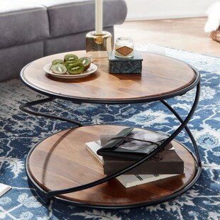 FineBuy Couchtisch Sheesham Massivholz rund Ø 58 cm Wohnzimmertisch Holz Metall 