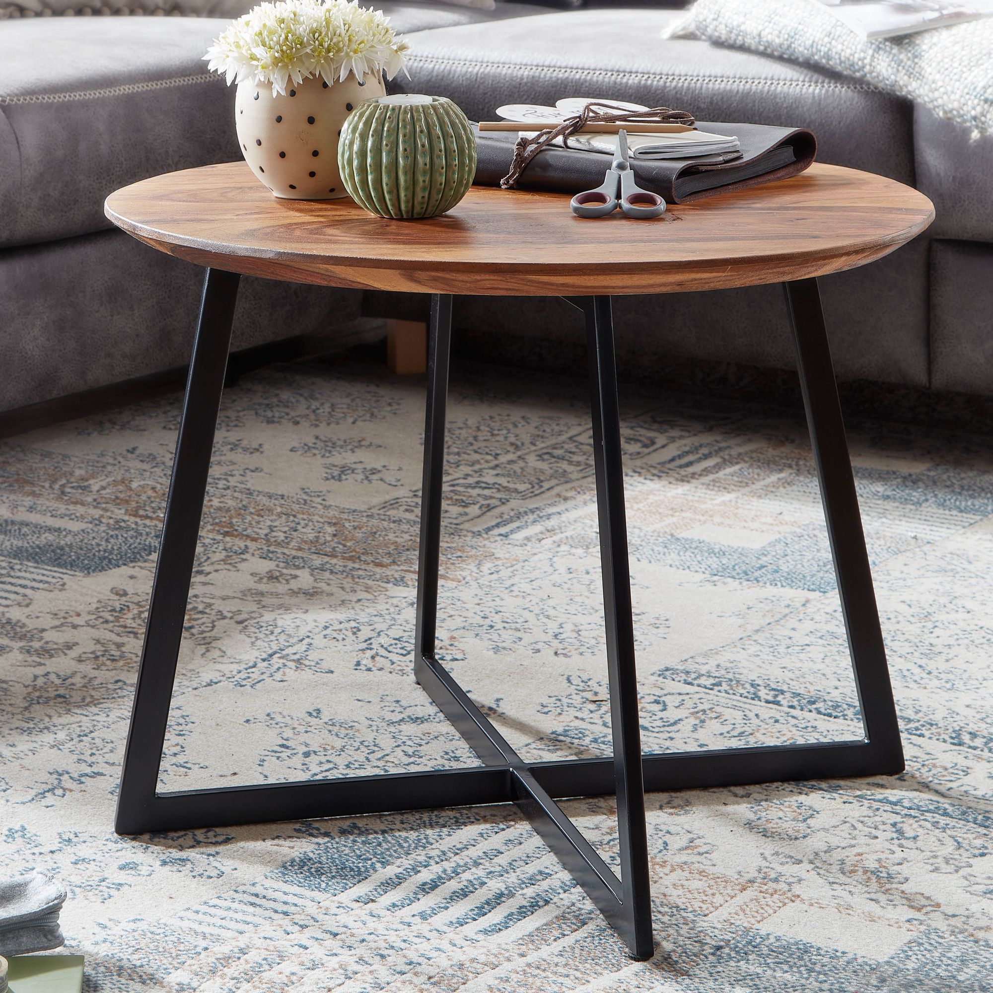 FineBuy Couchtisch Sheesham Massivholz rund &Oslash; 60 cm | Wohnzimmertisch Holz 