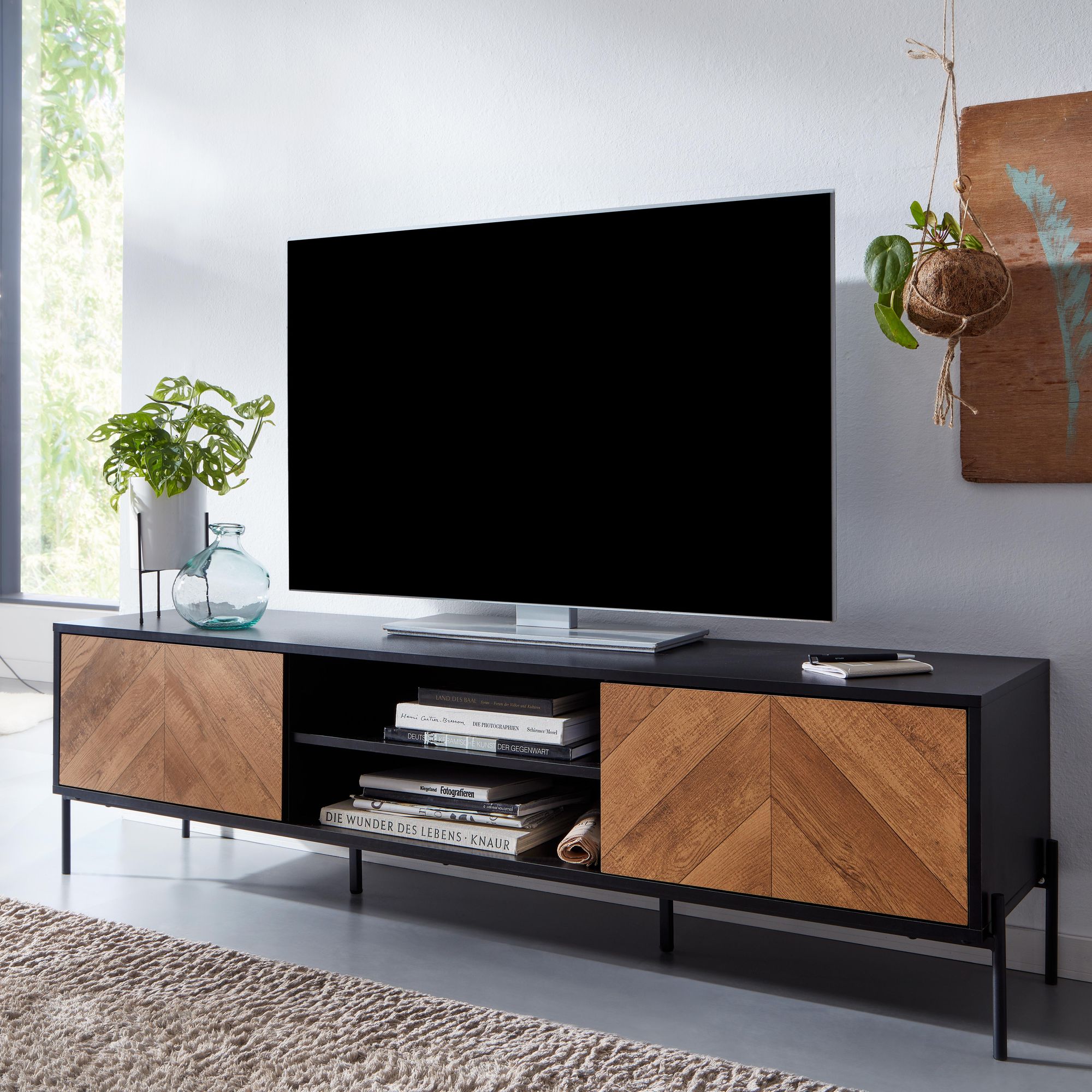 TV-Board Kommode 160cm MDF Eiche Schwarz Dekor Design Lowboard mit 2 T&uuml;ren Fernsehschrank 