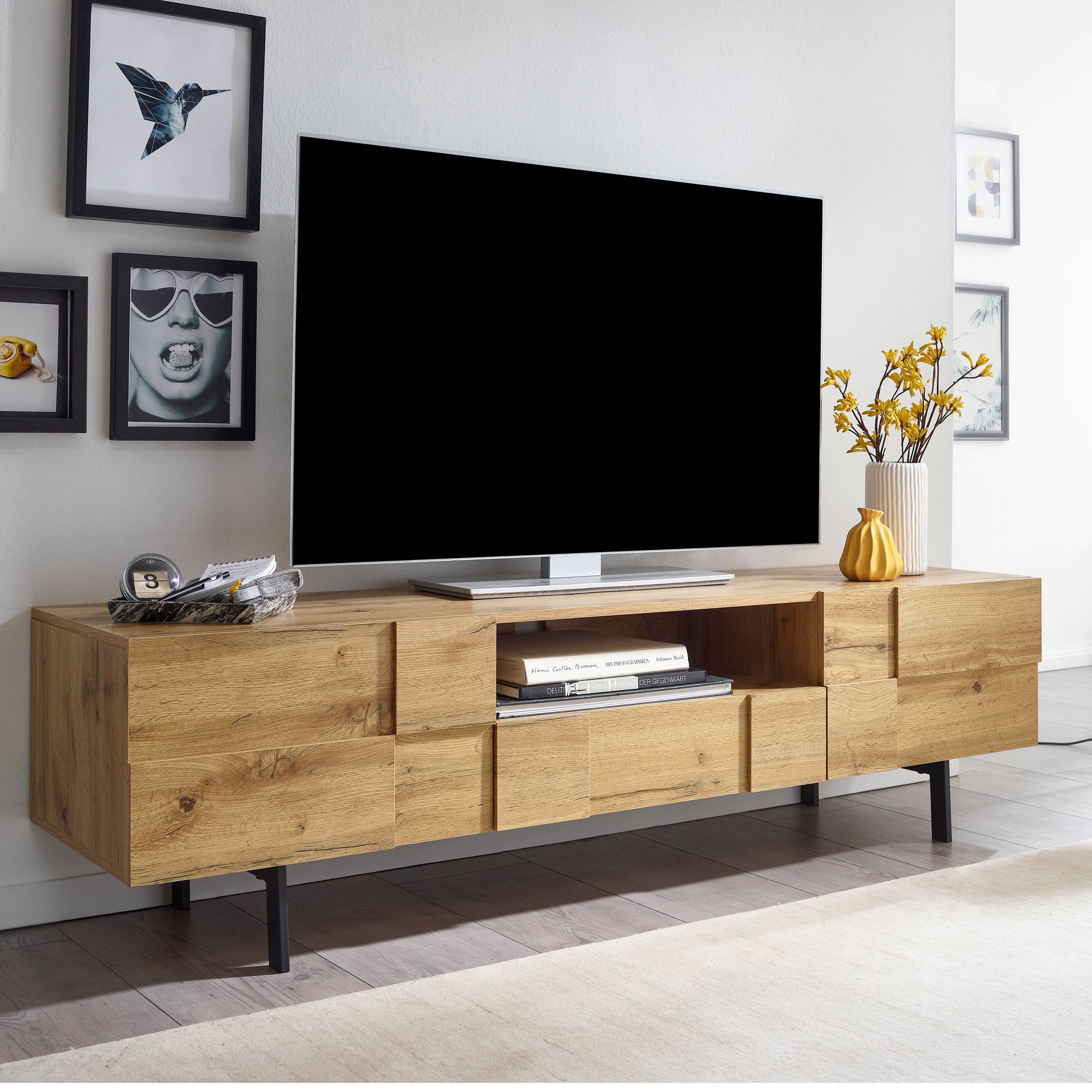 TV-Board Kommode 160cm MDF Eiche Dekor Design Lowboard mit 2 T&uuml;ren & Schublade Fernsehschrank 