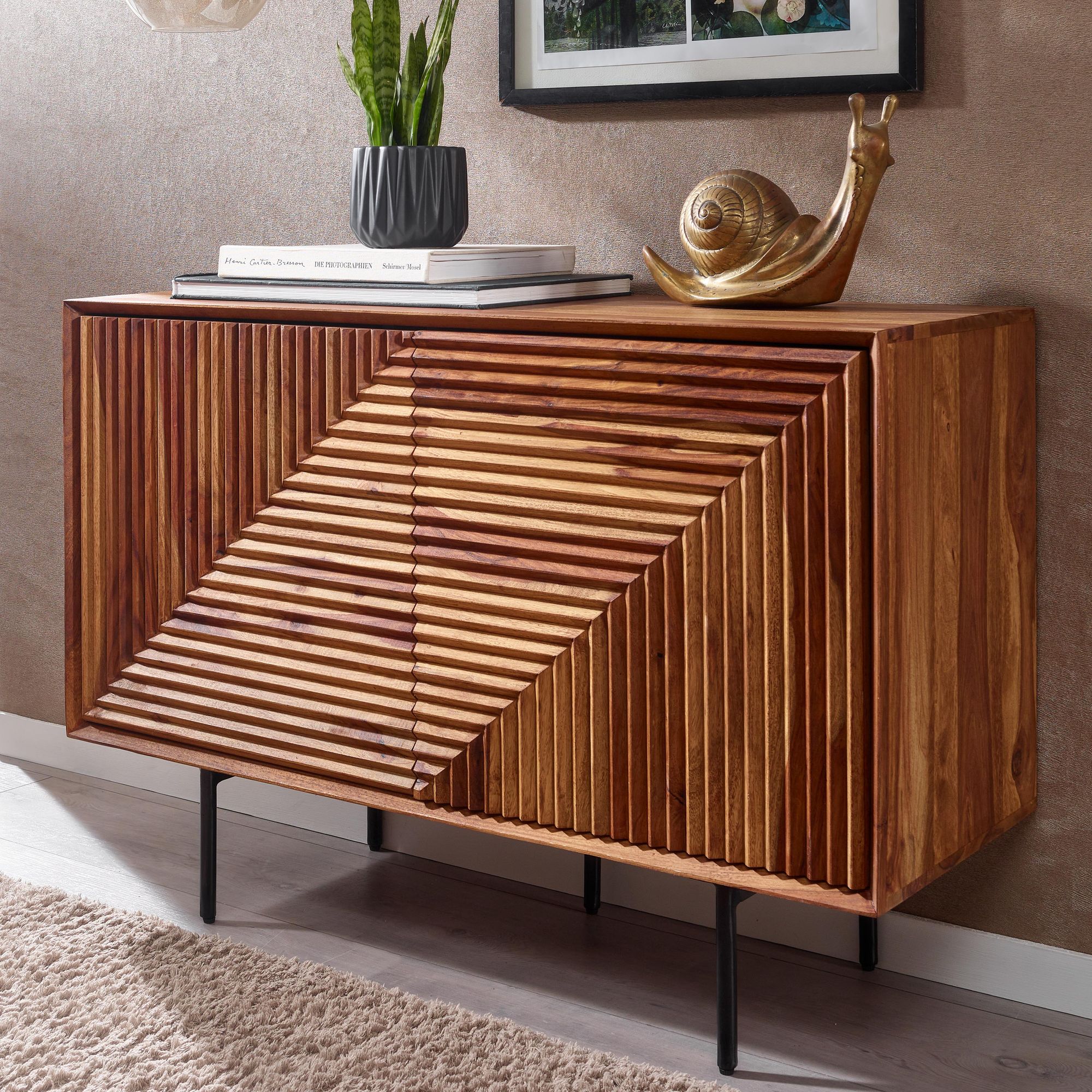 Massivholz Design Sideboard 100cm Sheesham Kommode mit 2 T&uuml;ren Retro Design Metall schwarz 