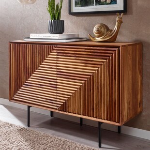 Massivholz Design Sideboard 100cm Sheesham Kommode mit 2 Türen Retro Design Metall schwarz 