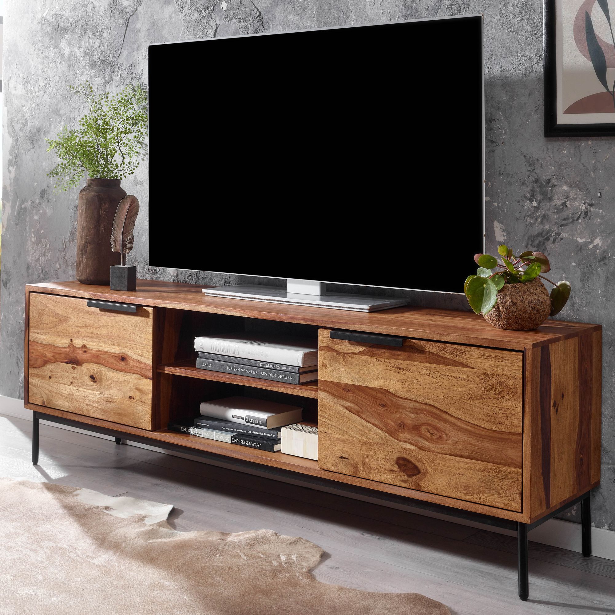 Massive TV-Board Kommode 150cm Sheesham Massivholz Fernsehschrank Lowboard mit 2 T&uuml;ren 