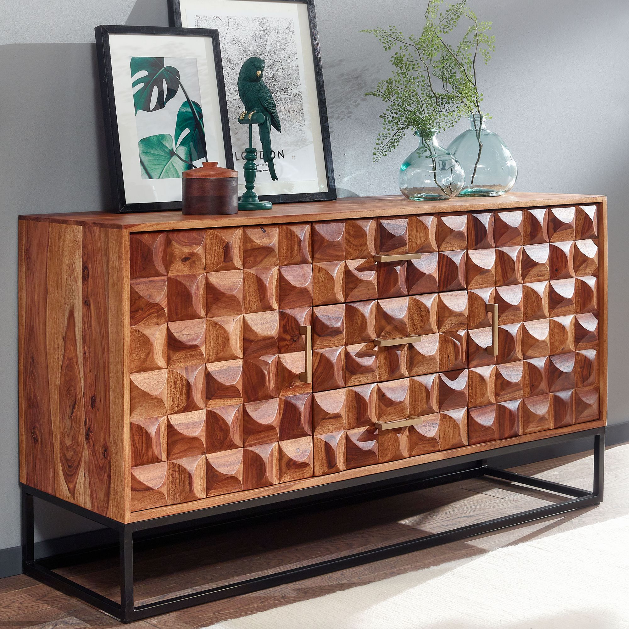 Massivholz Sideboard 145cm Sheesham Kommode mit 2 T&uuml;ren & 3 Schubladen Retro 3D Design 