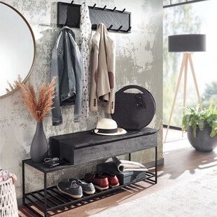 Garderoben Set FineBuy Flurgarderobe Schwarz Holz Massiv Wandgarderobe Sitzbank 