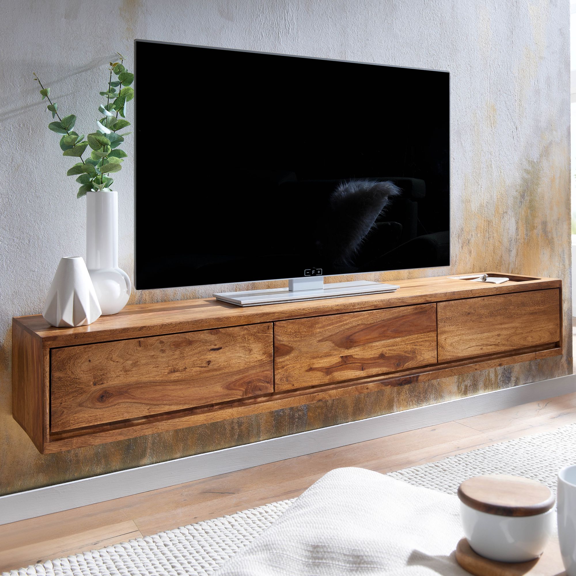 TV-Board Kommode 160cm h&auml;ngend Sheesham Massivholz TV Lowboard mit 3 Schubladen 