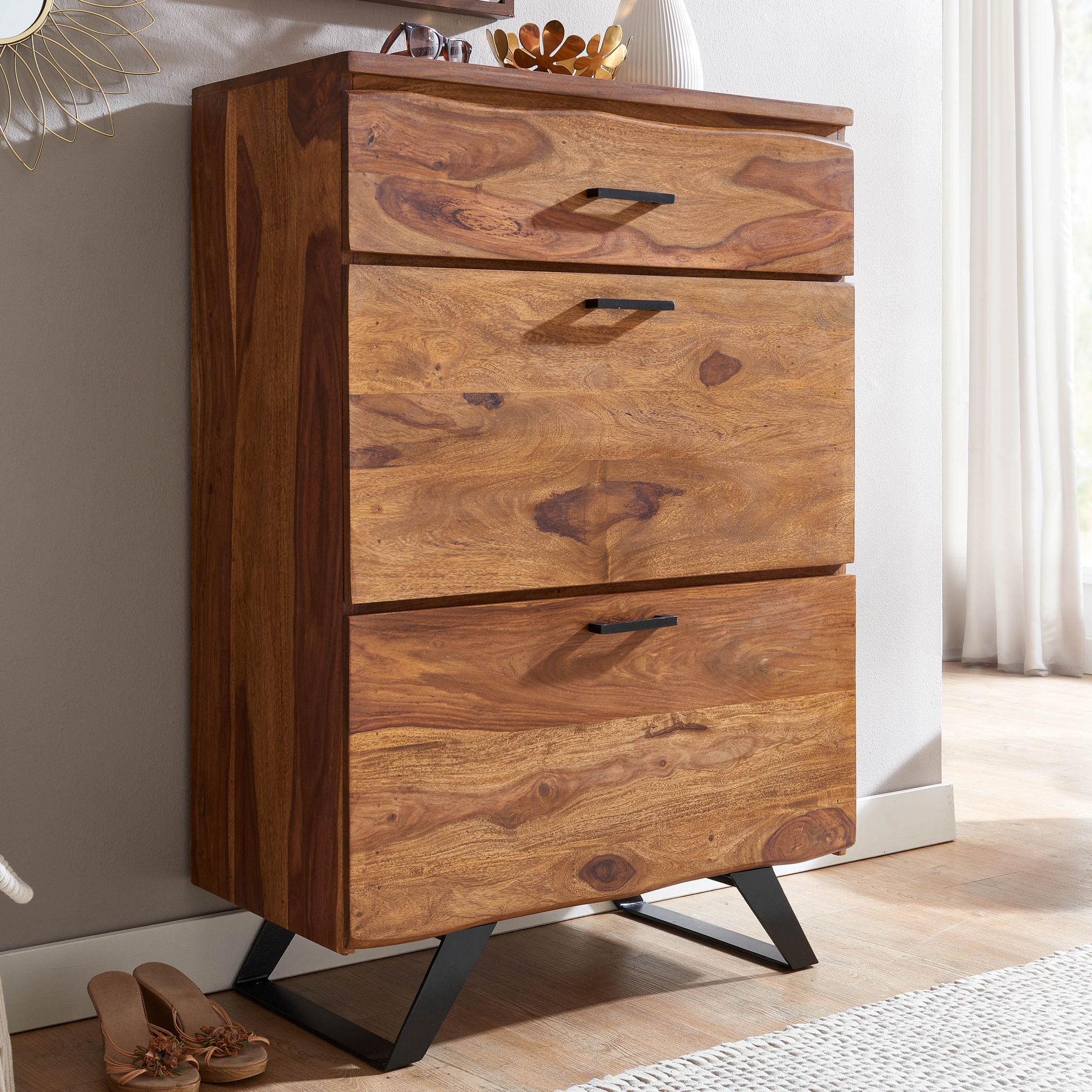 Kommode FineBuy 120 cm Massivholz Baumkante Highboard Anrichte Schubladenkommode 