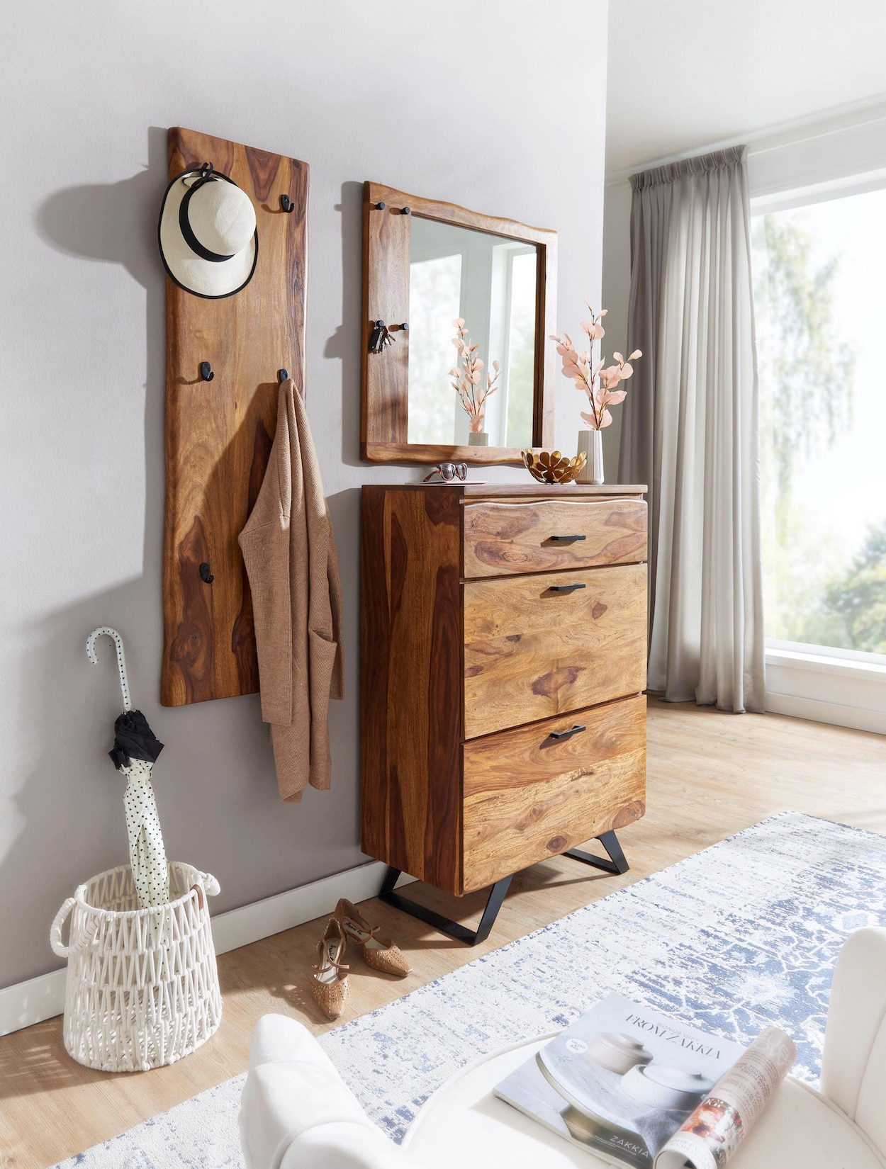 Garderoben Set FineBuy Holz Massiv Wandgarderobe Kommode Flurgarderobe Spiegel