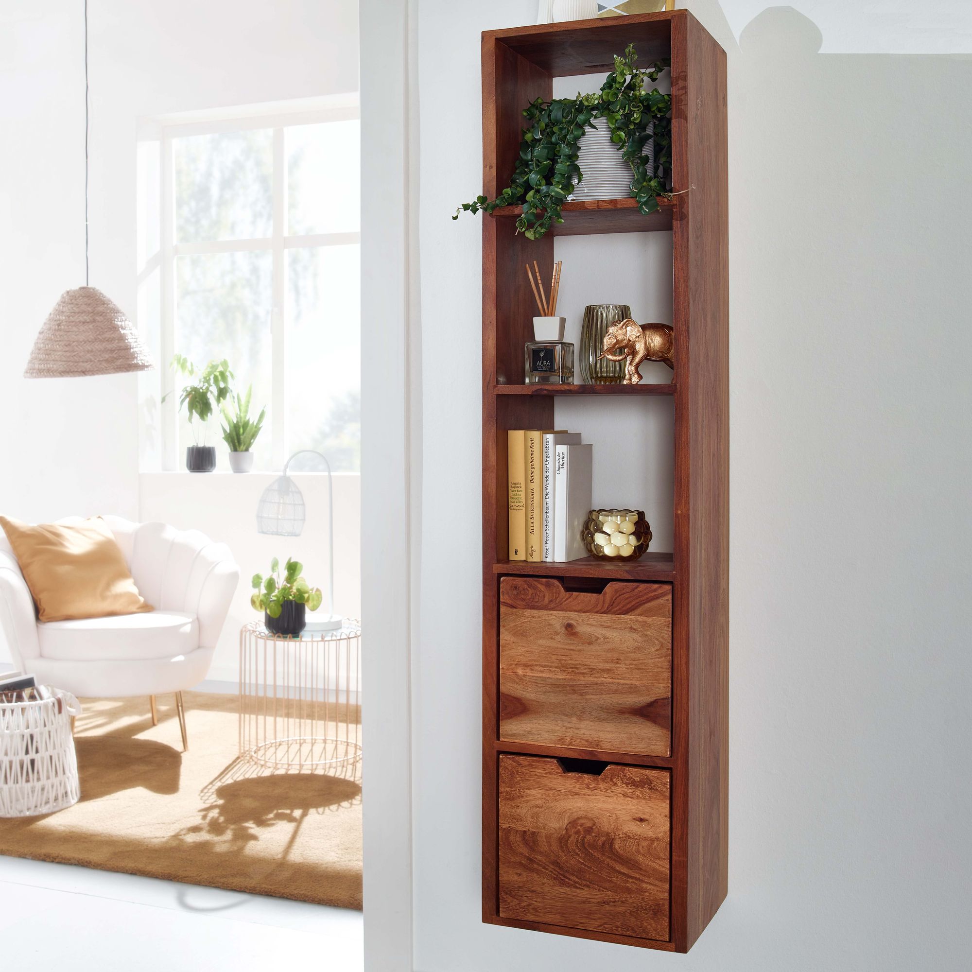 Wandregal FineBuy Schweberegal mit Schubladen 150 cm Holz Regal H&auml;ngend Massiv 